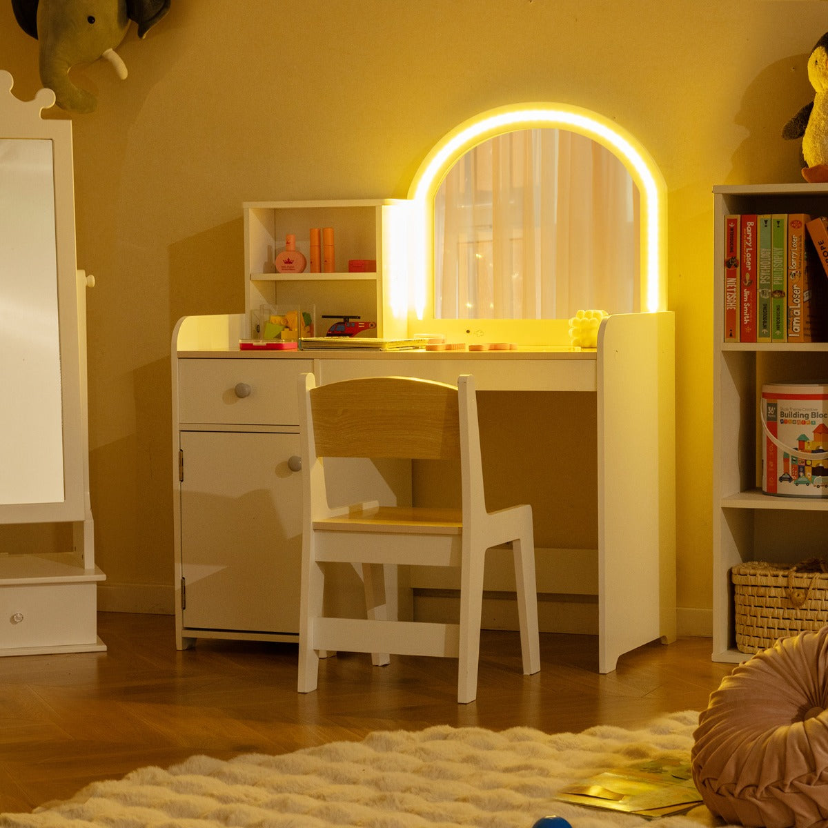 Kids Vanity Table and Chair Set with Shelves Drawer and Cabinet-Light Pink