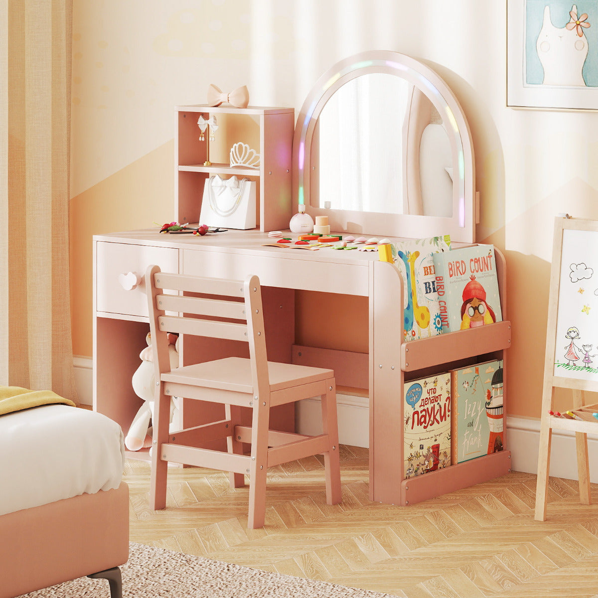 Kids Vanity Table and Chair Set with Lighted Mirror Open Storage Shelves-Pink