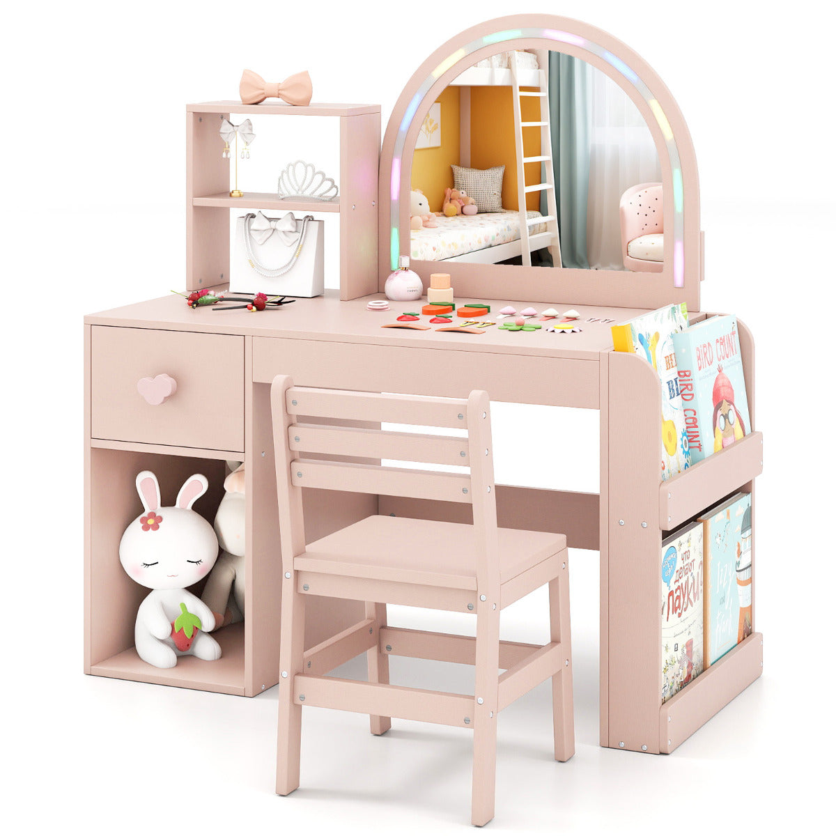 Kids Vanity Table and Chair Set with Lighted Mirror Open Storage Shelves-Pink