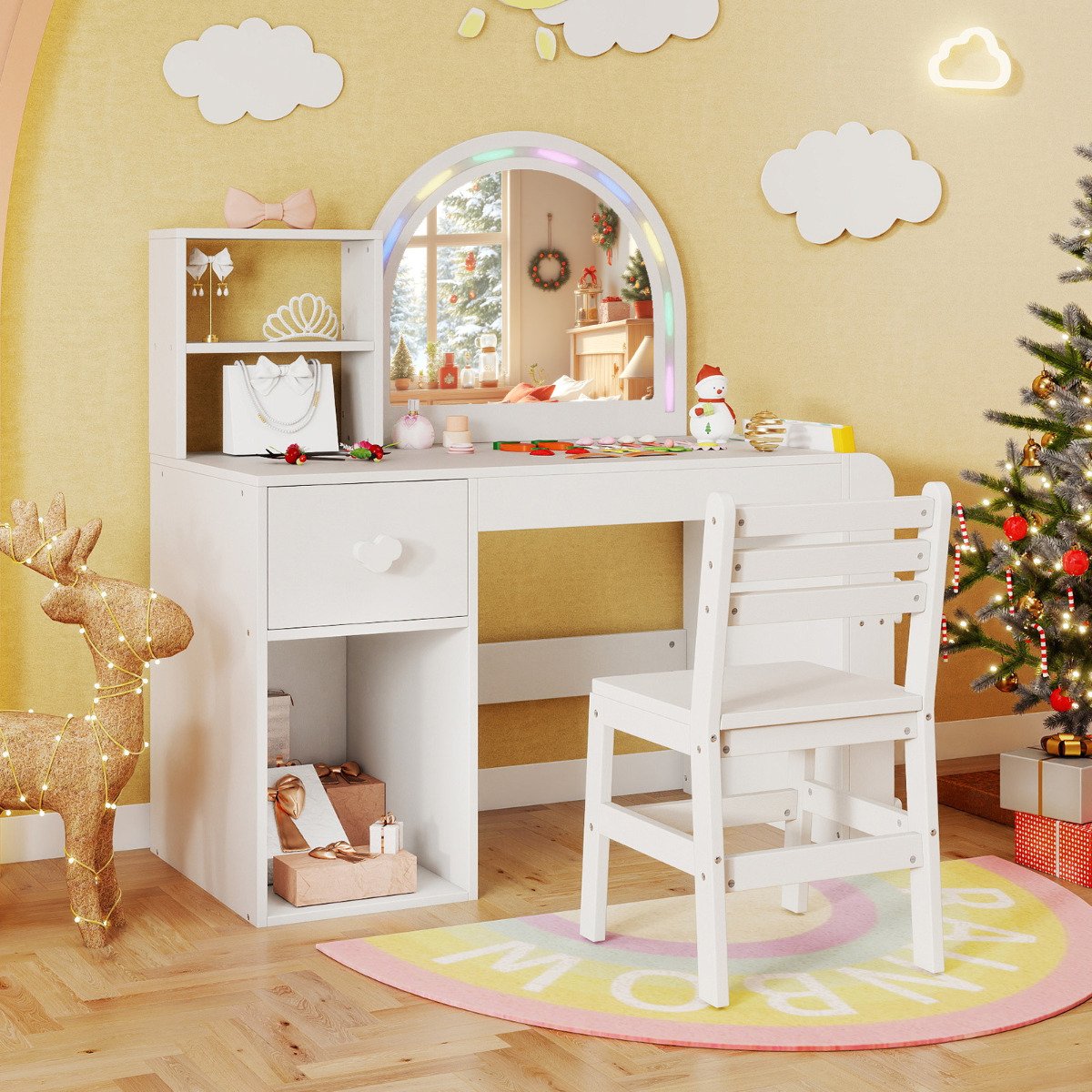 Kids Vanity Table and Chair Set with Lighted Mirror Open Storage Shelves-Pink