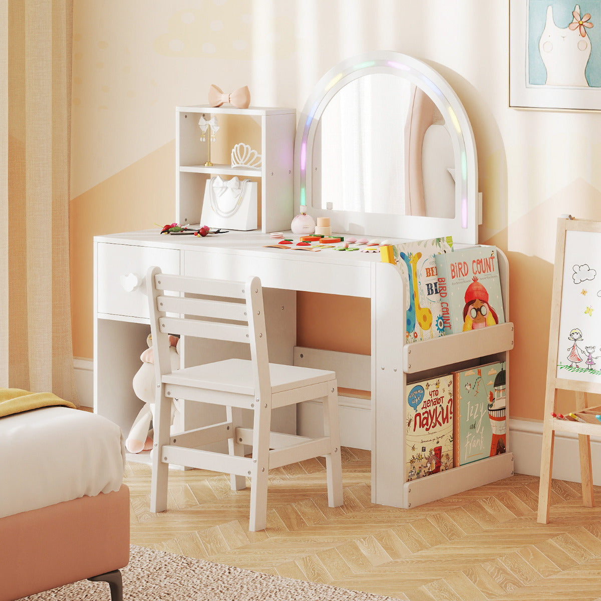 Kids Vanity Table and Chair Set with Lighted Mirror Open Storage Shelves-Pink