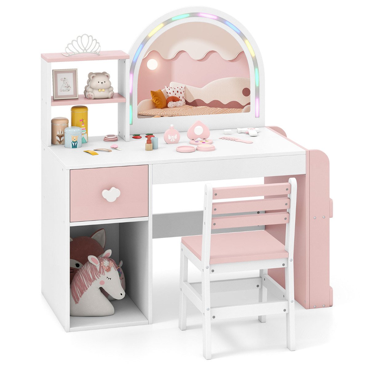 Kids Vanity Table and Chair Set with Lighted Mirror Open Storage Shelves-Pink