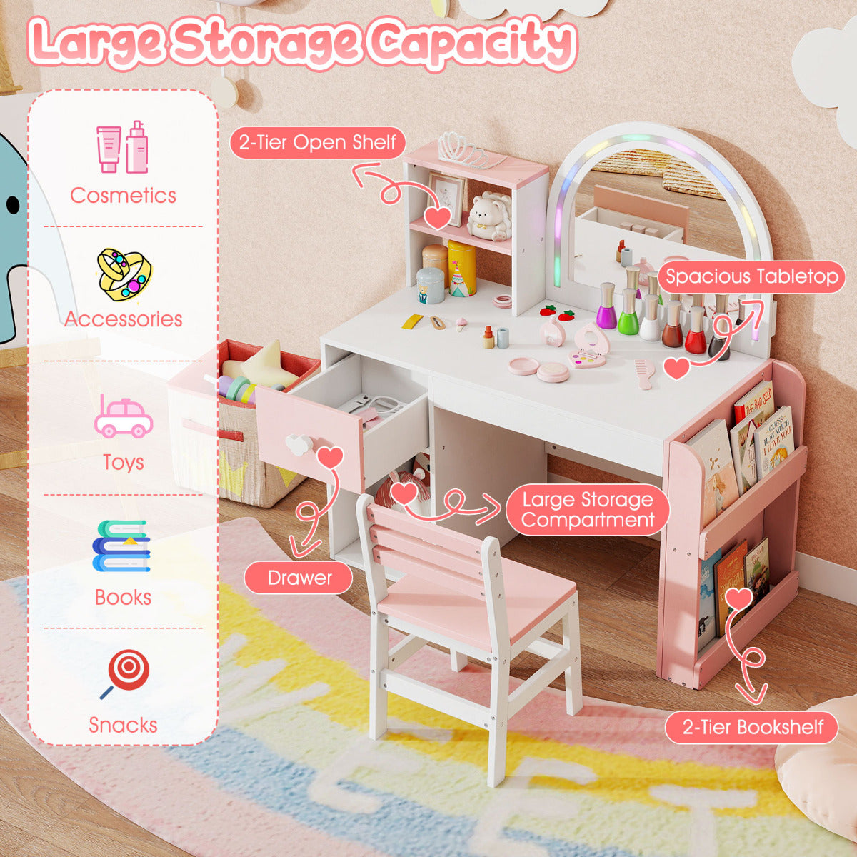 Kids Vanity Table and Chair Set with Lighted Mirror Open Storage Shelves-Pink