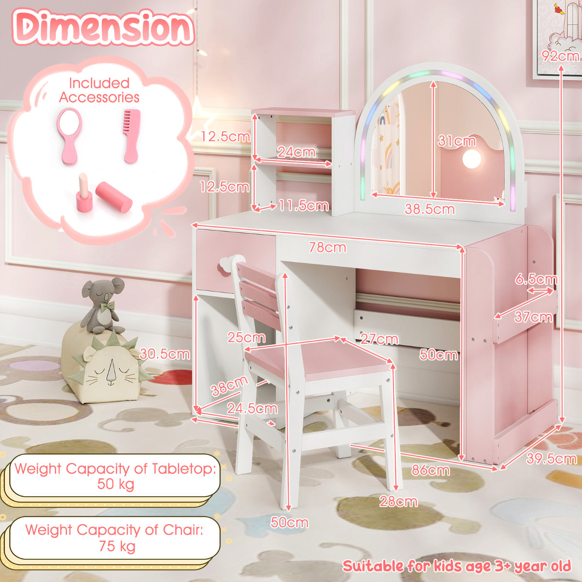 Kids Vanity Table and Chair Set with Lighted Mirror Open Storage Shelves-Pink
