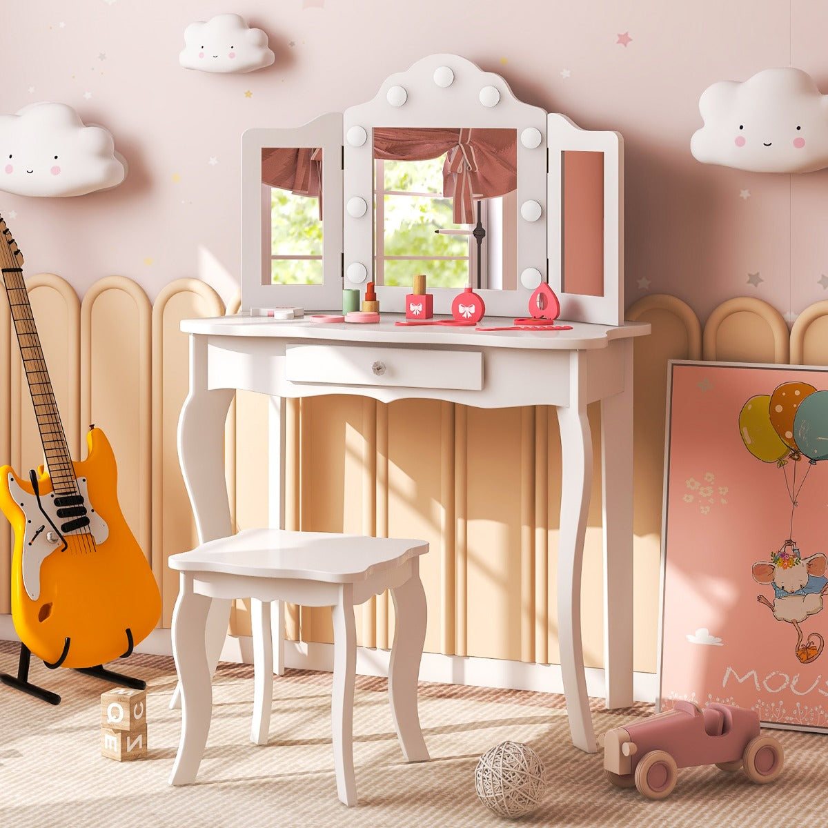 Kids Vanity Table and Stool Set with Real Glass Tri-Folding Mirror and Drawer-Pink