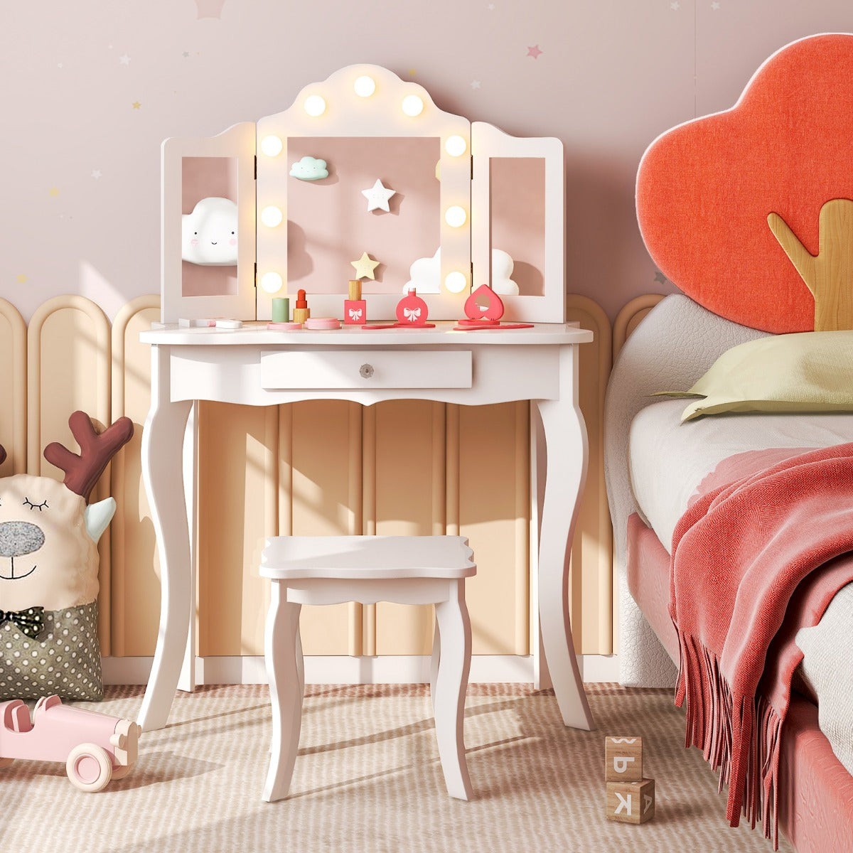 Kids Vanity Table and Stool Set with Real Glass Tri-Folding Mirror and Drawer-Pink