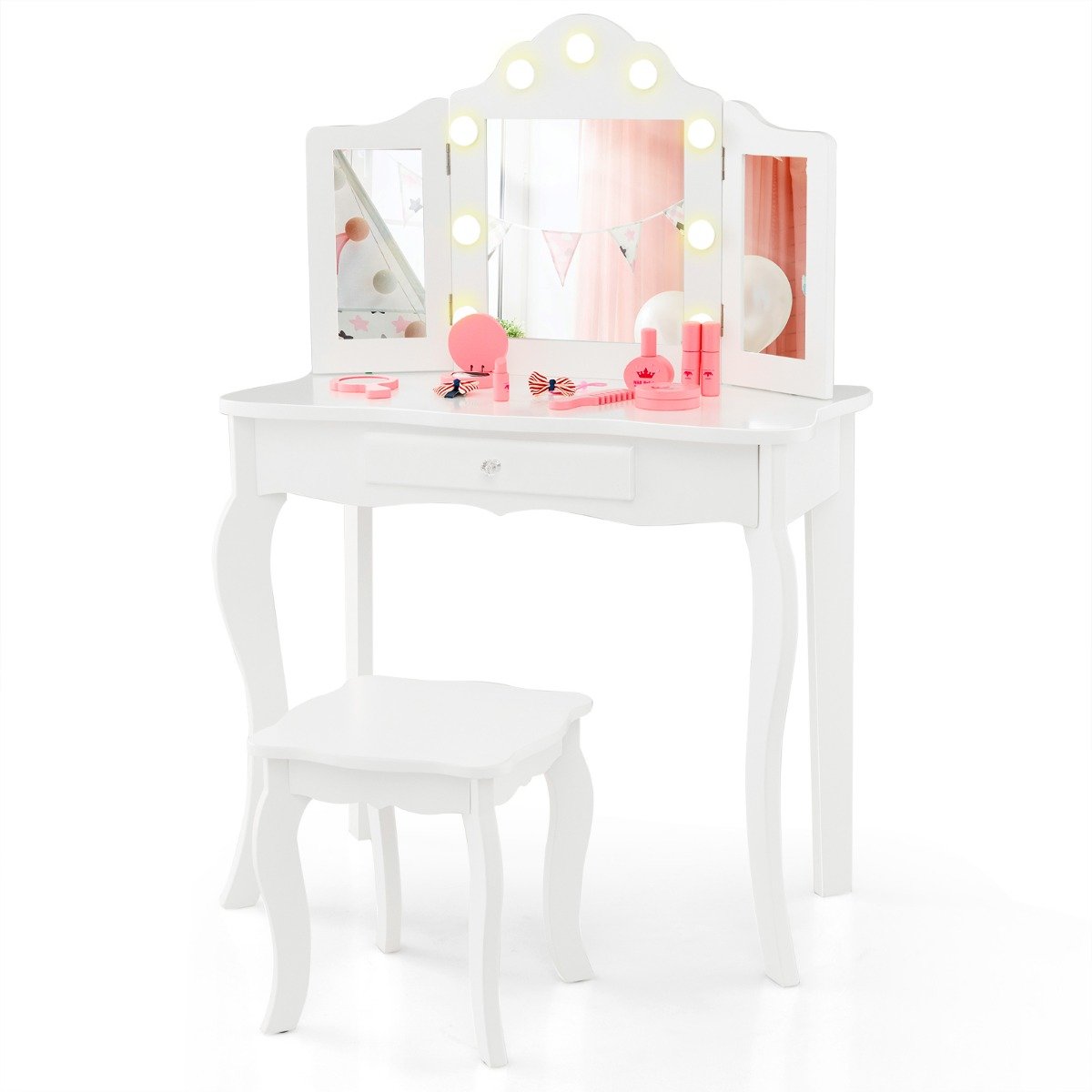 Kids Vanity Table and Stool Set with Real Glass Tri-Folding Mirror and Drawer-Pink