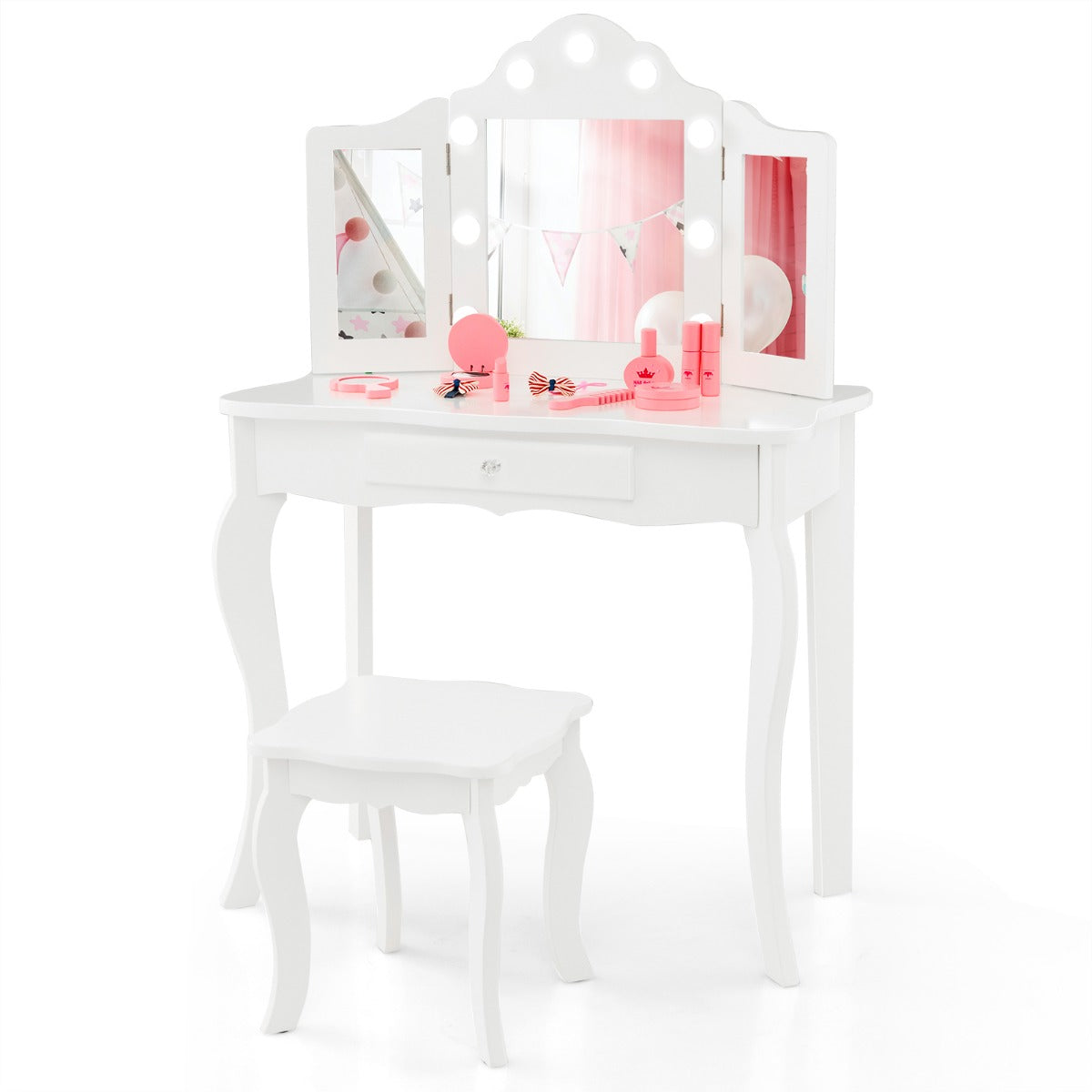 Kids Vanity Table and Stool Set with Real Glass Tri-Folding Mirror and Drawer-Pink