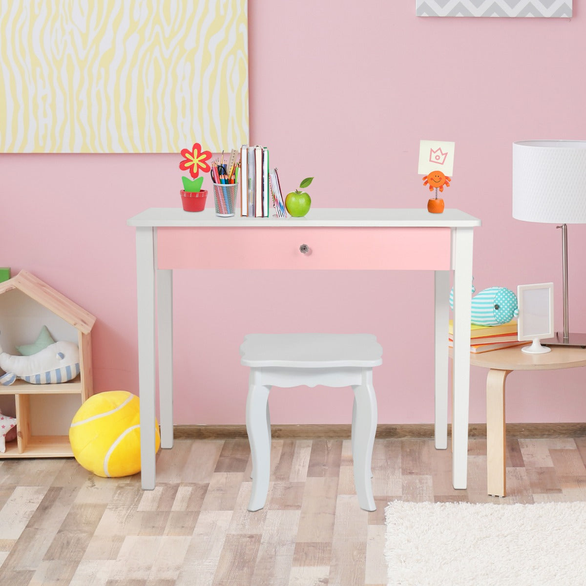 Kids Vanity Table and Stool Set Princess Makeup Dressing Table-Pink