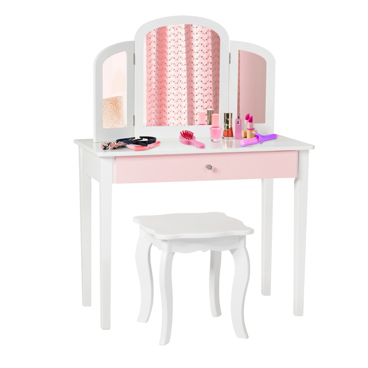 Kids Vanity Table and Stool Set Princess Makeup Dressing Table-Pink