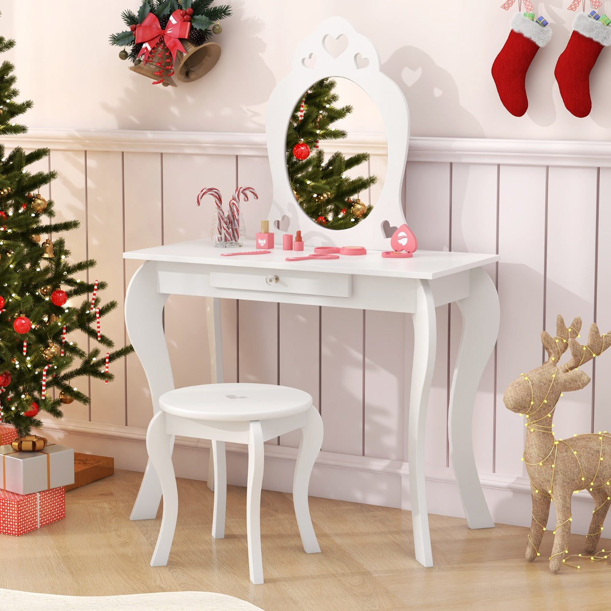 Kids Vanity Table and Stool with Removable Mirror and Drawer-Pink