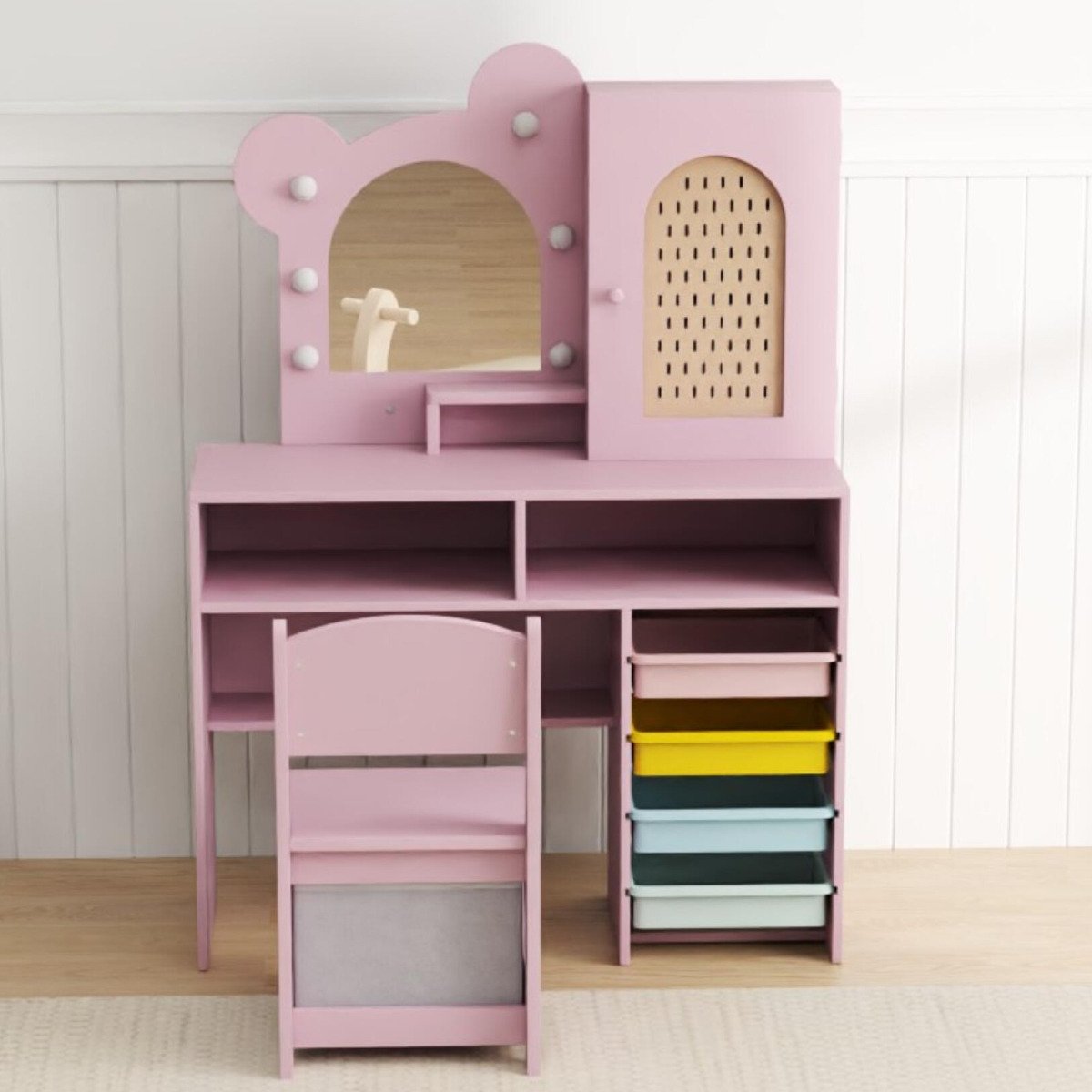 Kids Vanity with Lights Princess Vanity Table and Chair Set with 5 Drawers and 2 Compartments-Pink