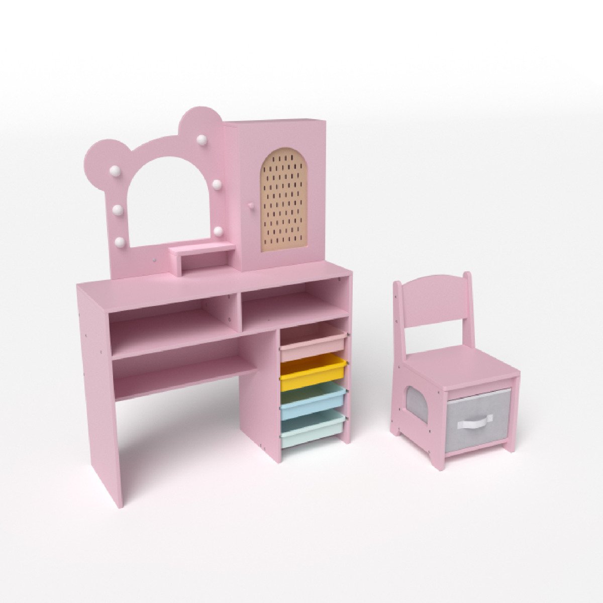 Kids Vanity with Lights Princess Vanity Table and Chair Set with 5 Drawers and 2 Compartments-Pink