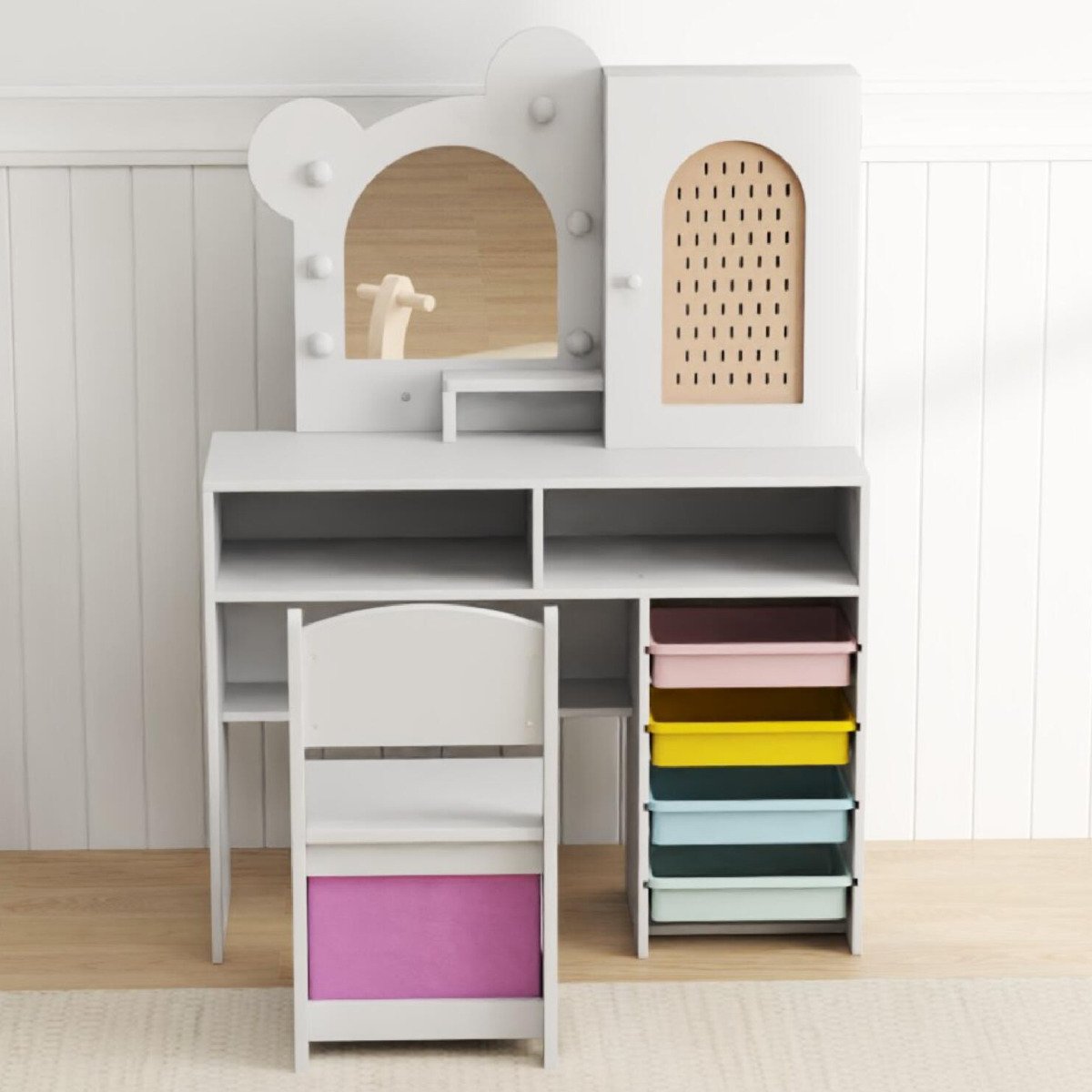 Kids Vanity with Lights Princess Vanity Table and Chair Set with 5 Drawers and 2 Compartments-Pink