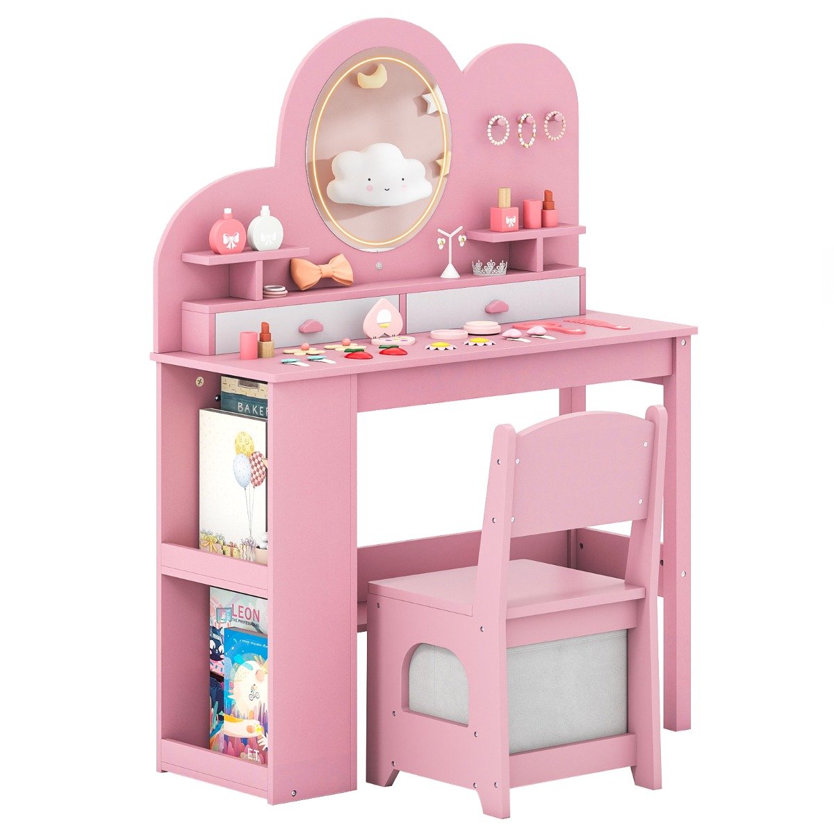 Kids Vanity with Lights Princess Vanity Table and Chair Set with 2 Drawers-White
