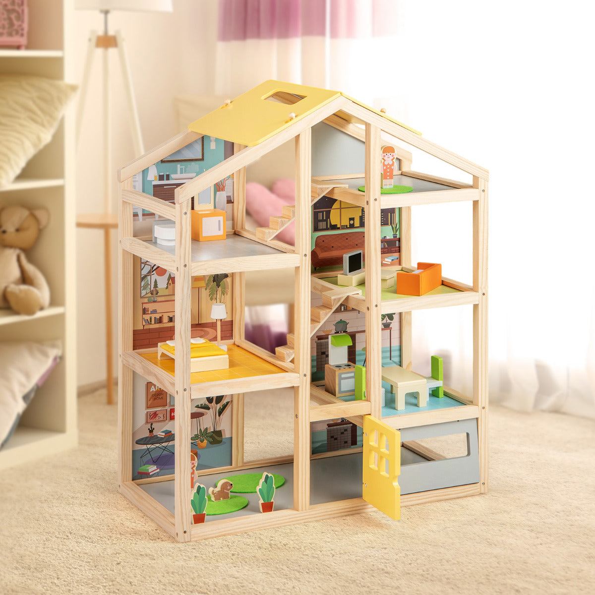 Kids Wooden Dollhouse with 7 Rooms and 18 Pcs Furniture Accessories-Yellow