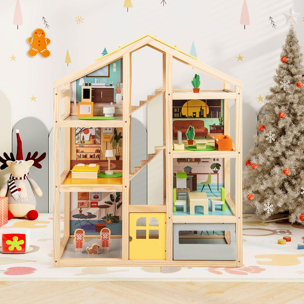Kids Wooden Dollhouse with 7 Rooms and 18 Pcs Furniture Accessories-Yellow