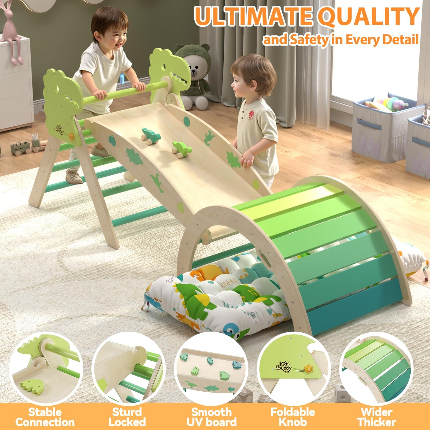 KidsBuddy Pikler Triangle Set 9-in-1 – Wooden Montessori Indoor Climbing Toys for Toddlers 1-3