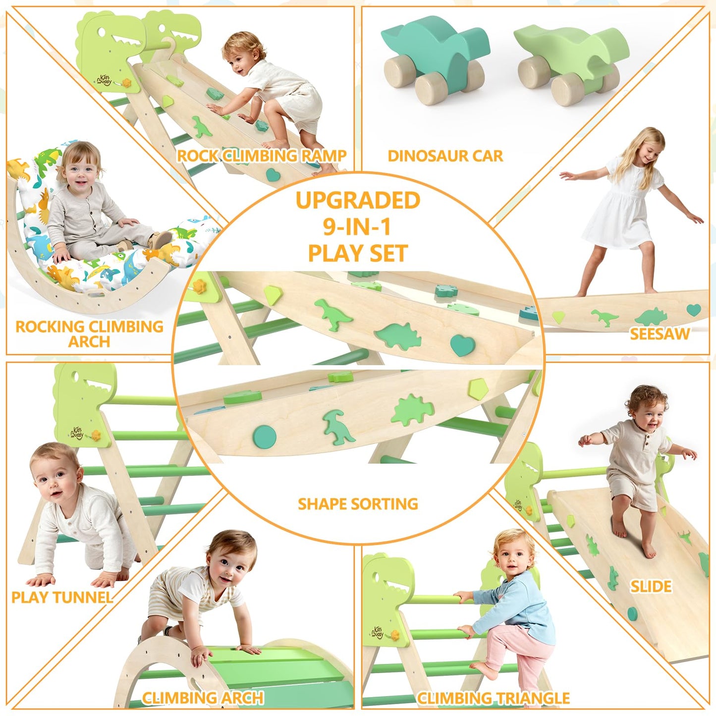 KidsBuddy Pikler Triangle Set 9-in-1 – Wooden Montessori Indoor Climbing Toys for Toddlers 1-3