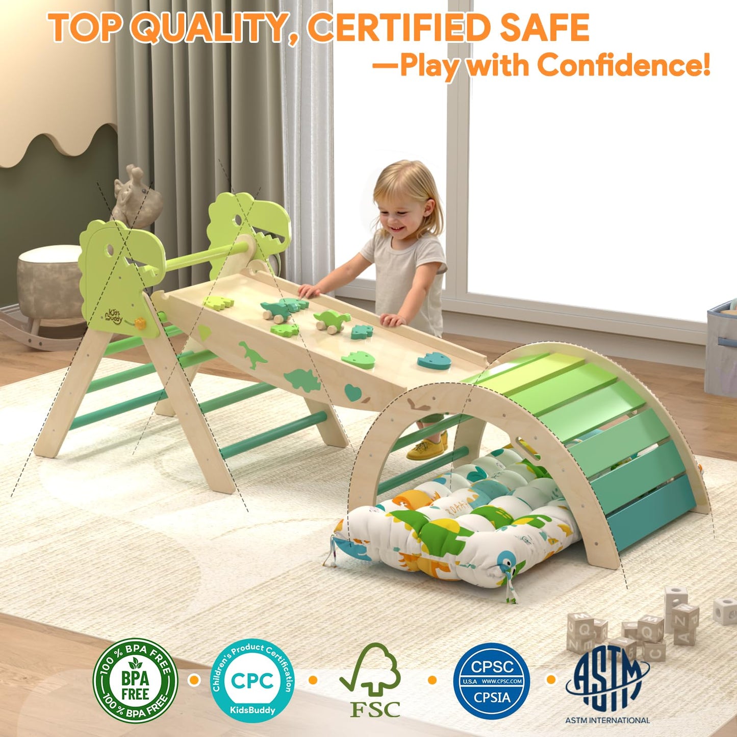 KidsBuddy Pikler Triangle Set 9-in-1 – Wooden Montessori Indoor Climbing Toys for Toddlers 1-3