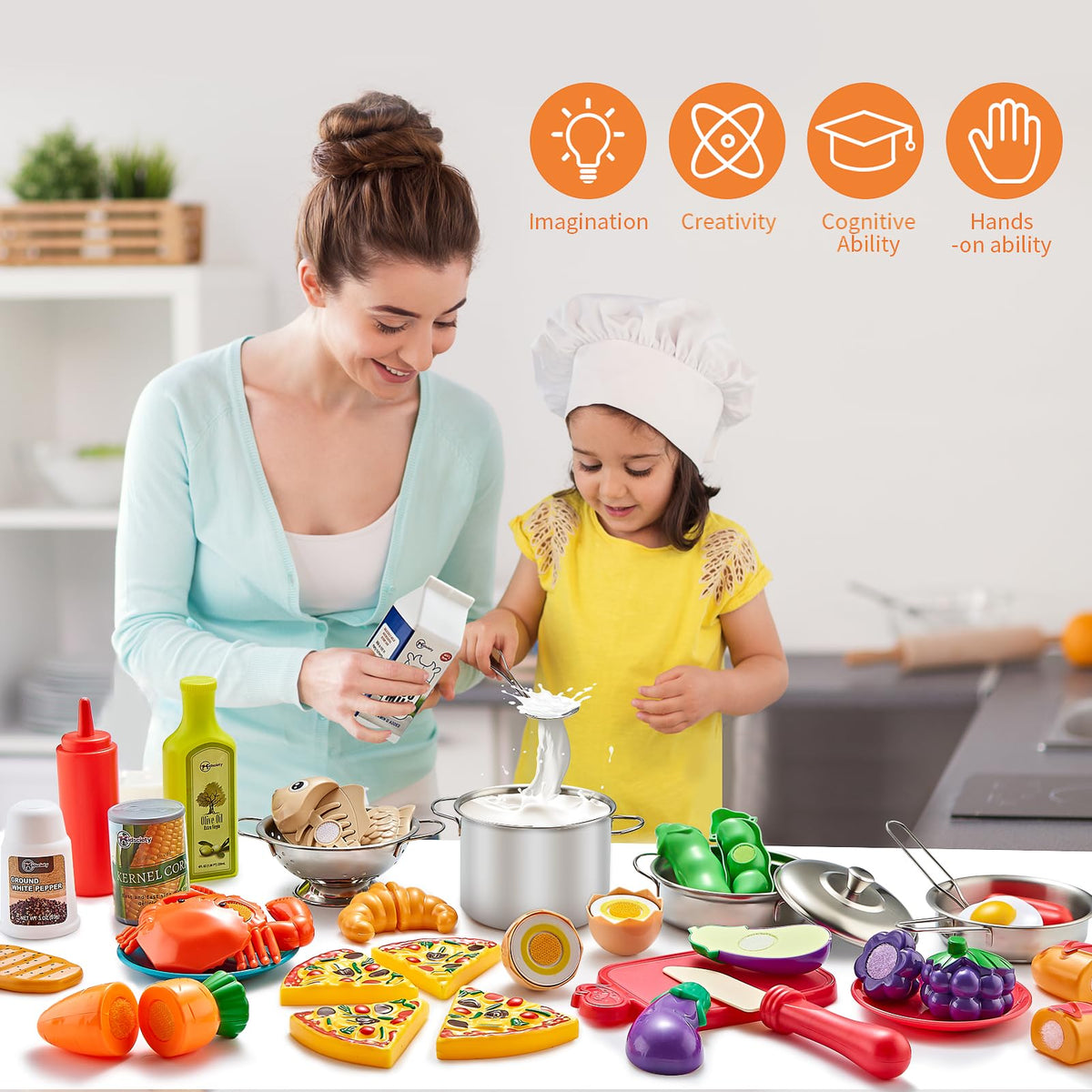 Kidsciety 52pc Kids Kitchen Playset – Safe Pretend Cookware & Play Food