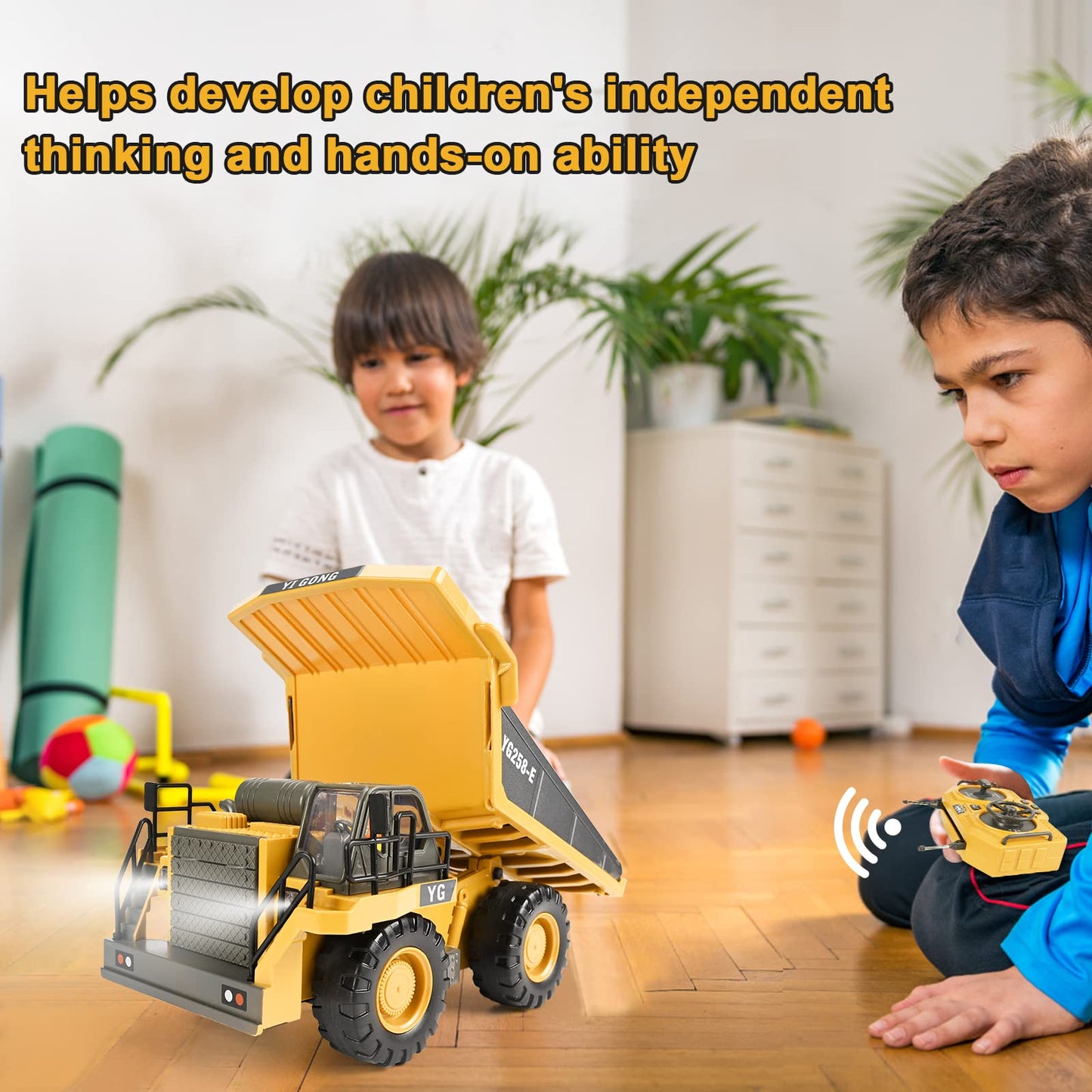 KidsFaves RC Dump Truck – 9-Channel, 2 Batteries, Steel Bed, Lights & Sounds | Gift for Boys 3+