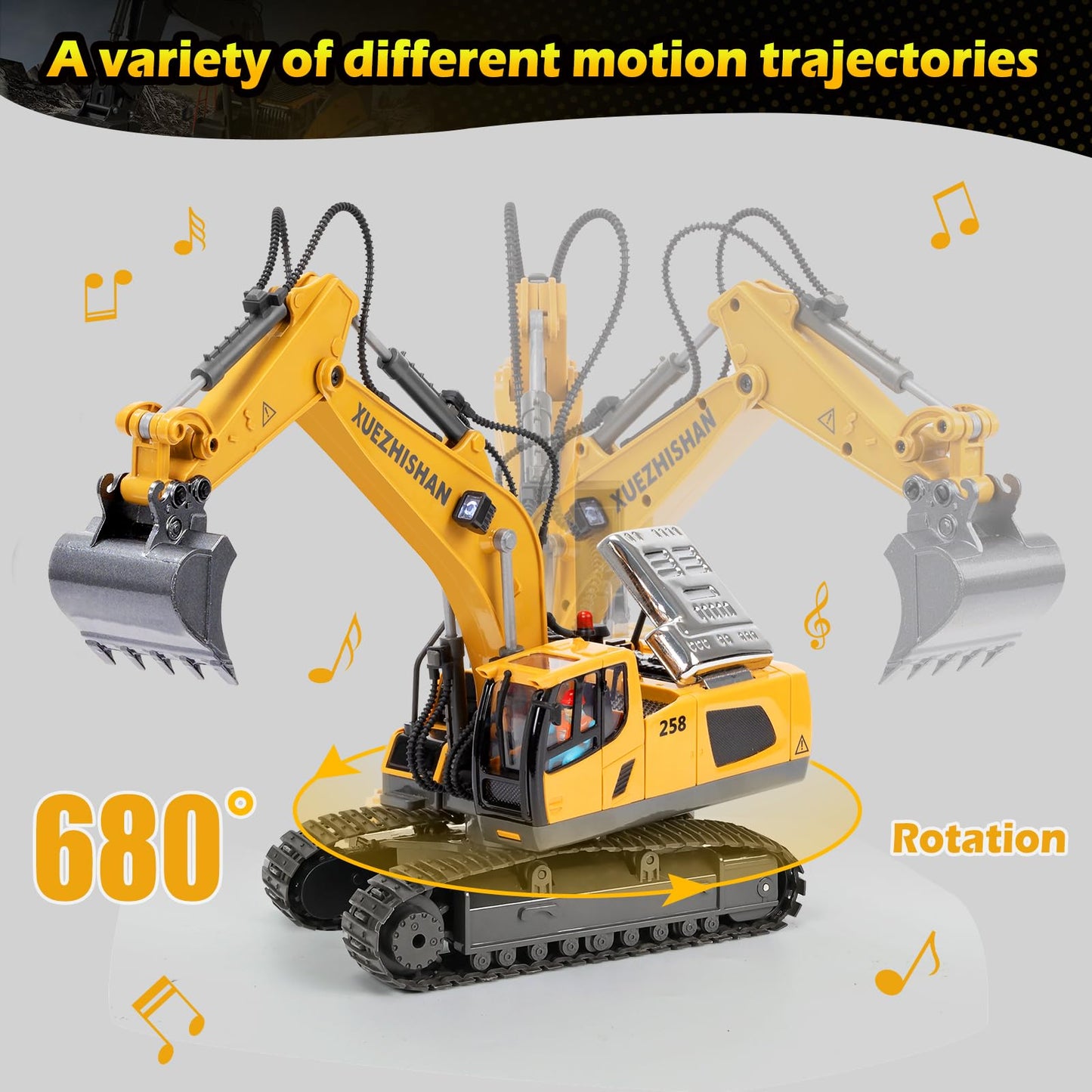 KidsFaves Remote Control Excavator Toy – 680° Rotation, 2 Batteries, Lights & Sounds for Ages 3-8
