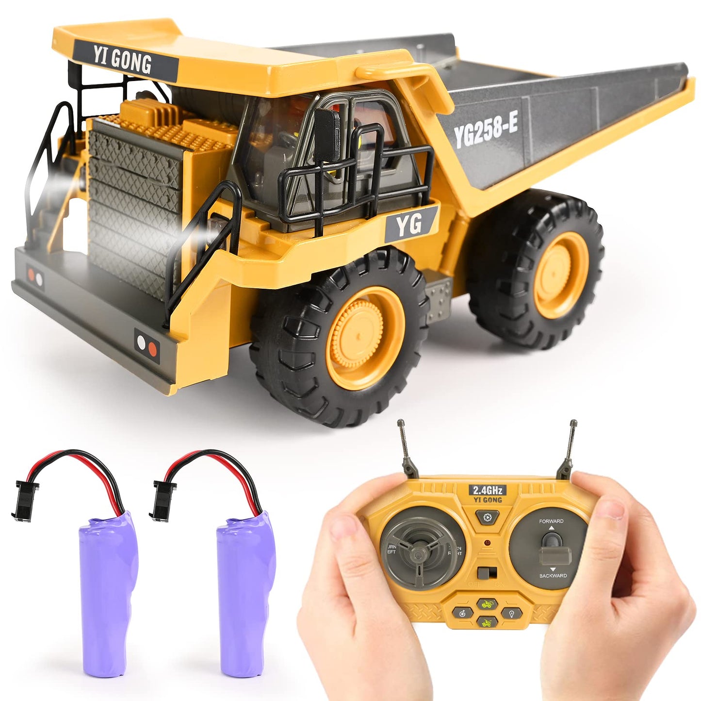 KidsFaves RC Dump Truck – 9-Channel, 2 Batteries, Steel Bed, Lights & Sounds | Gift for Boys 3+