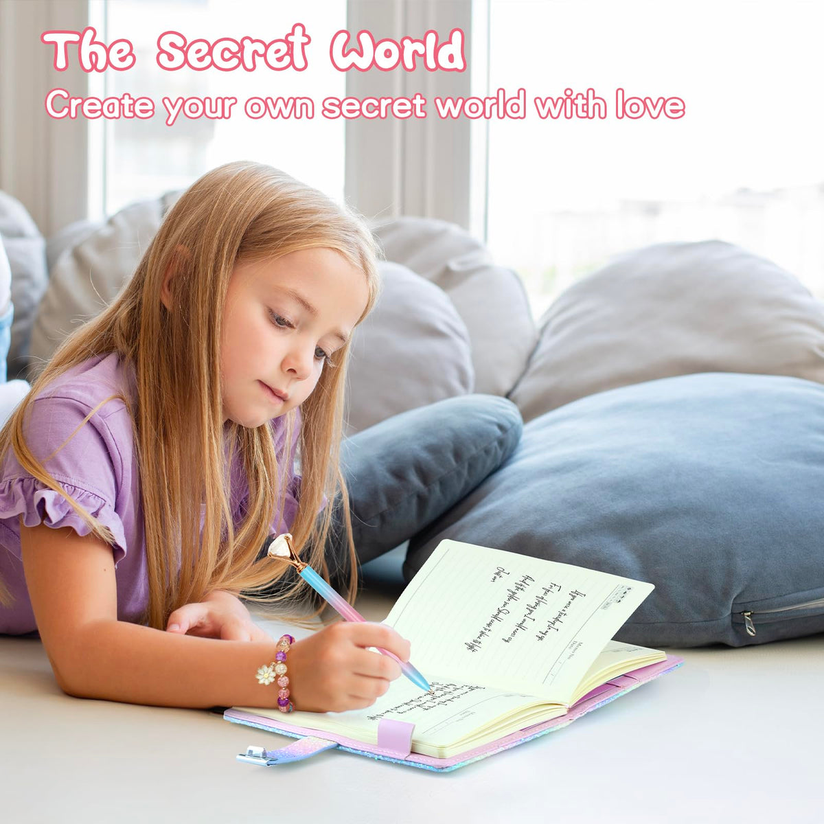 Kidsord Diary with Lock for Girls – Rainbow Purple, 200 Pages, 3-Digit Lock, Diamond Pen Kit