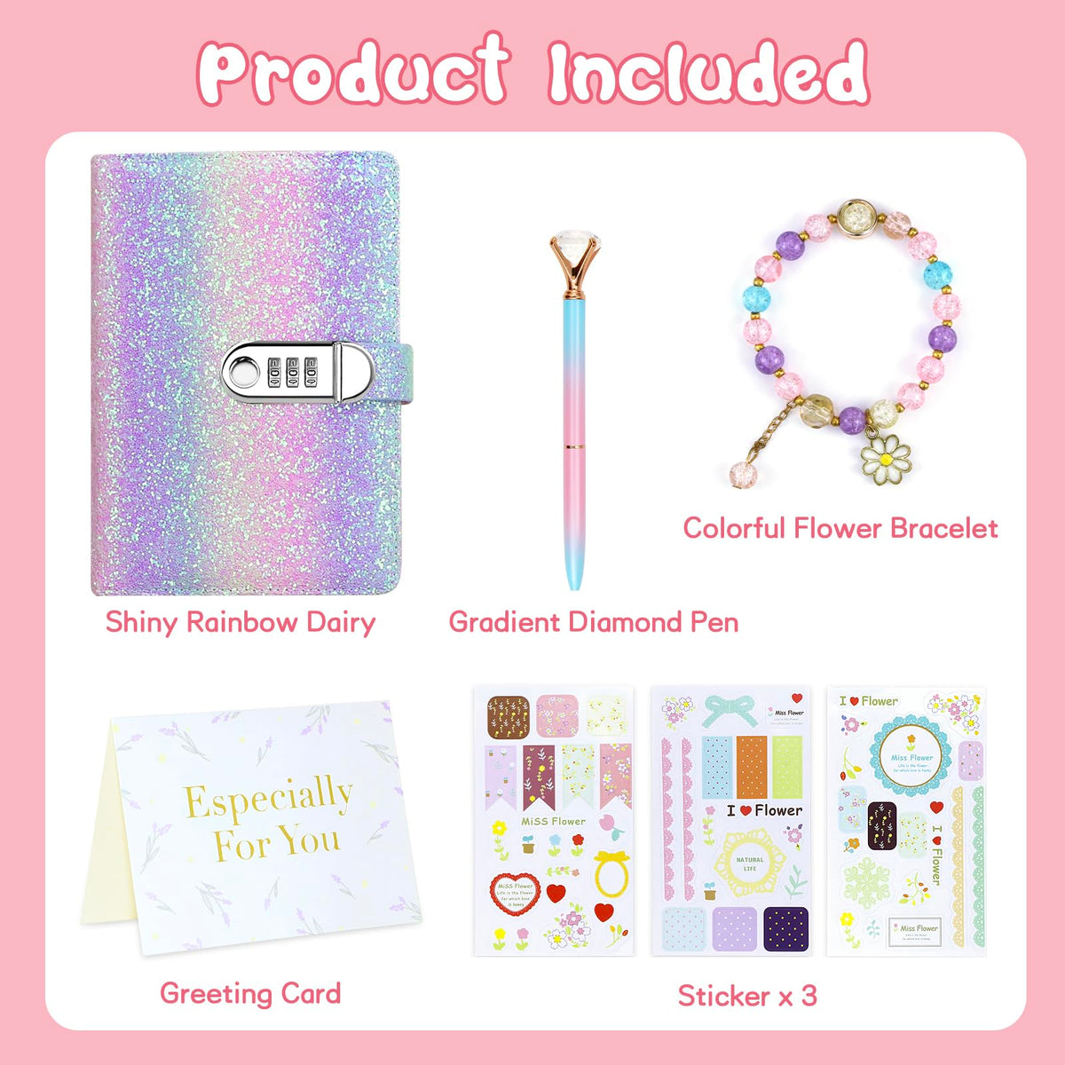 Kidsord Diary with Lock for Girls – Rainbow Purple, 200 Pages, 3-Digit Lock, Diamond Pen Kit