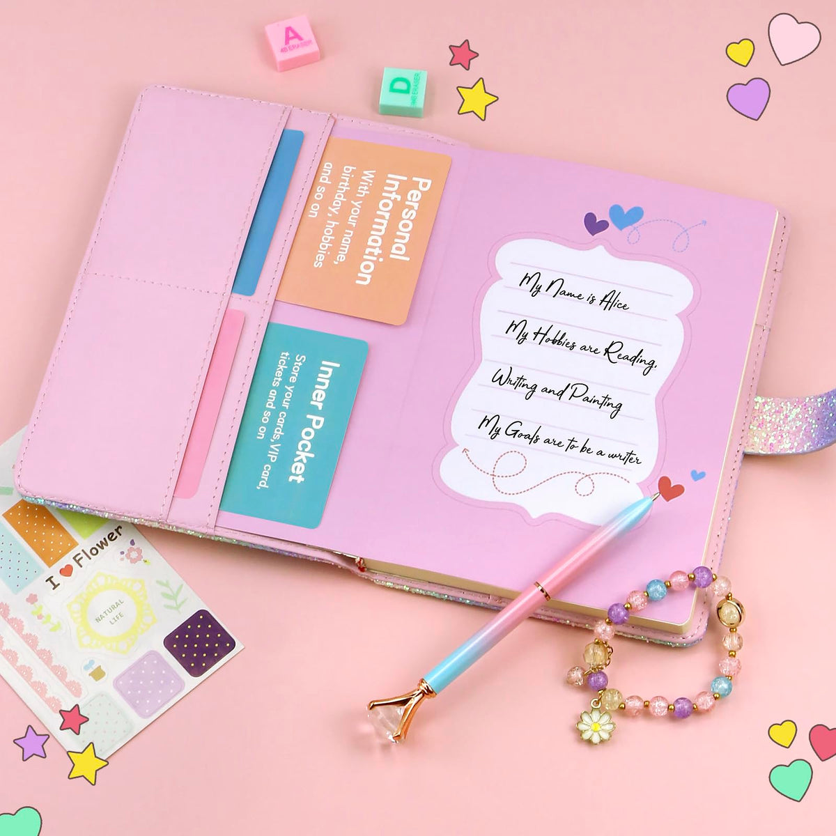 Kidsord Diary with Lock for Girls – Rainbow Purple, 200 Pages, 3-Digit Lock, Diamond Pen Kit