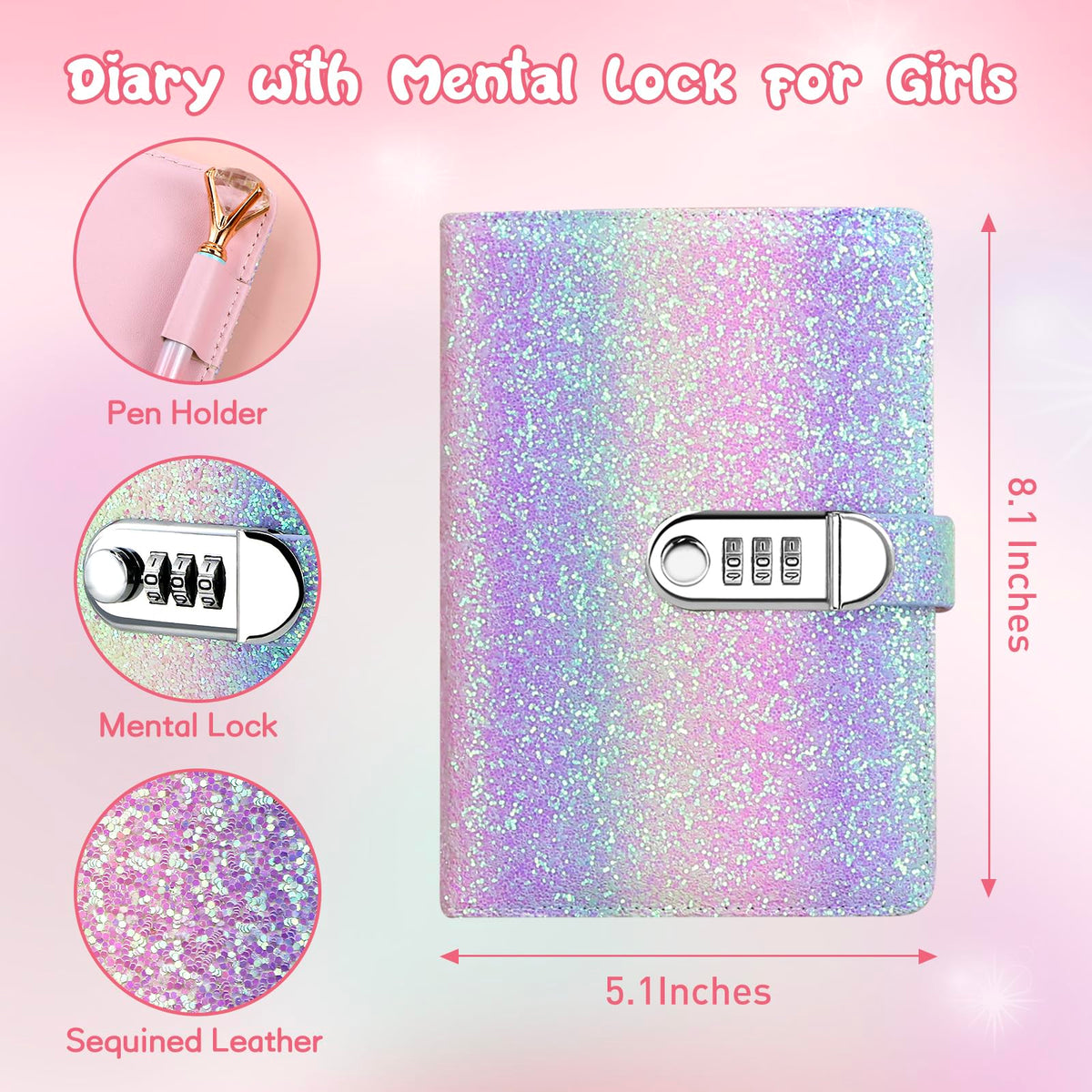 Kidsord Diary with Lock for Girls – Rainbow Purple, 200 Pages, 3-Digit Lock, Diamond Pen Kit
