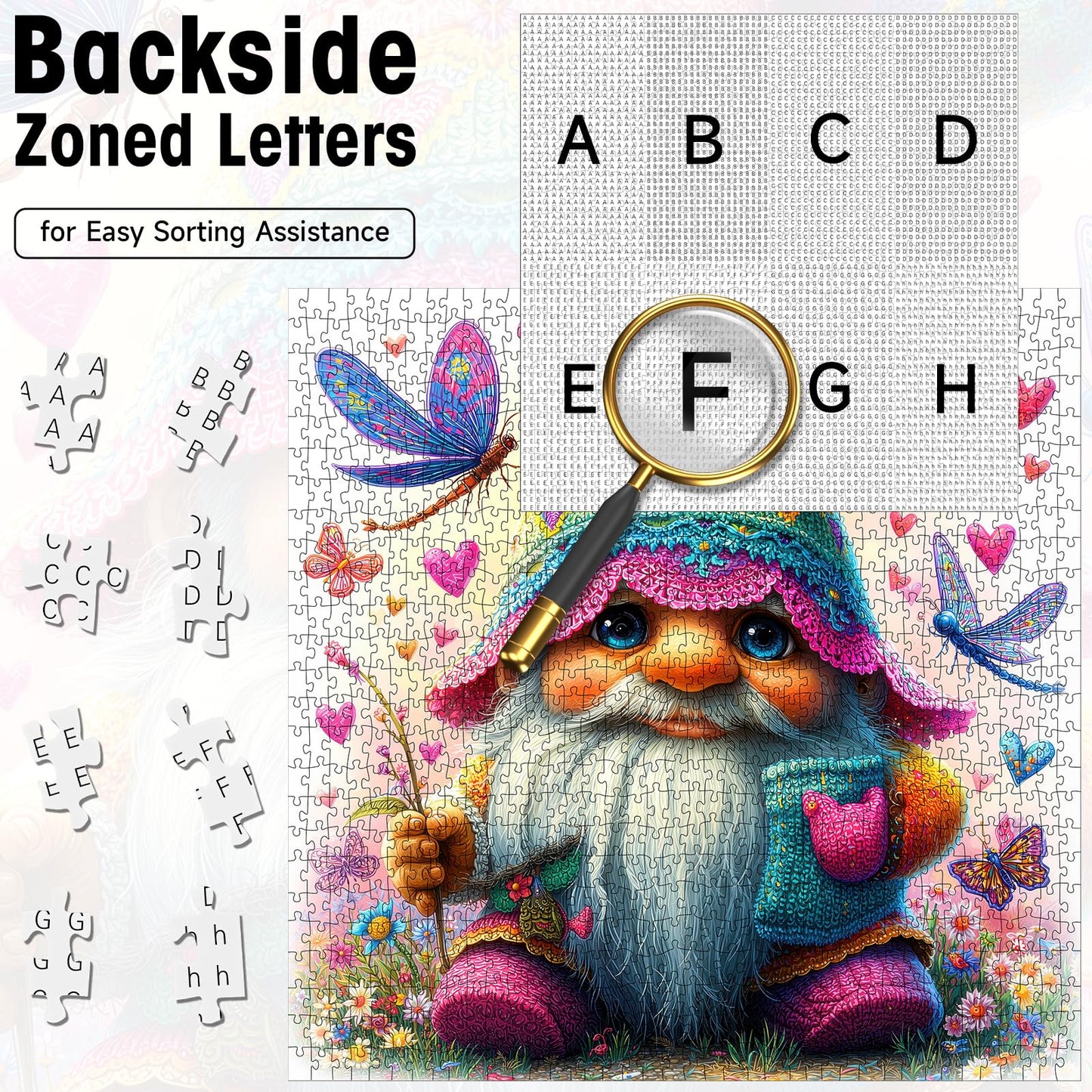 KIDSU 1000-Piece Gnome Puzzle – Hearts & Butterflies, Letters on Back, 22.8 x 22.8 in