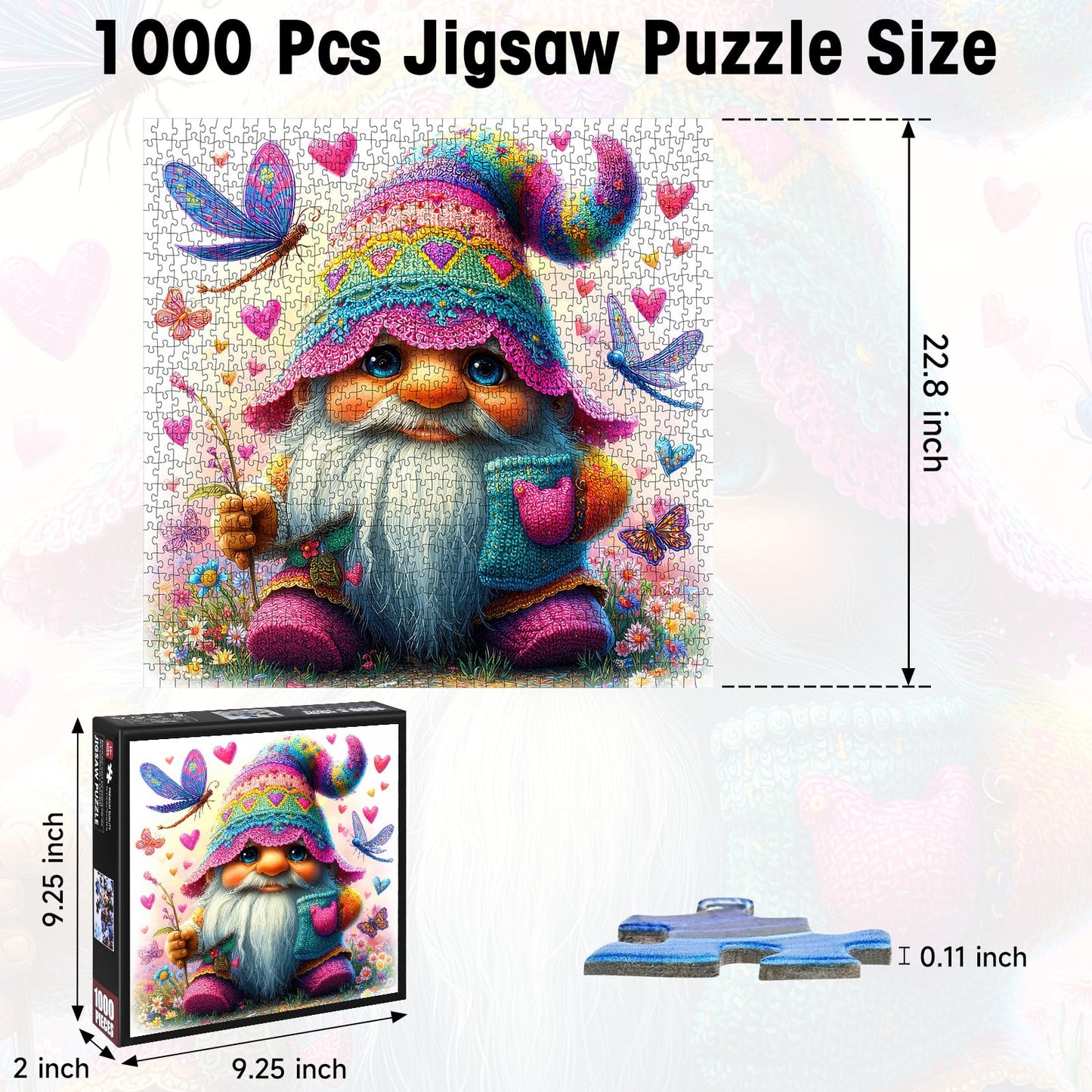 KIDSU 1000-Piece Gnome Puzzle – Hearts & Butterflies, Letters on Back, 22.8 x 22.8 in