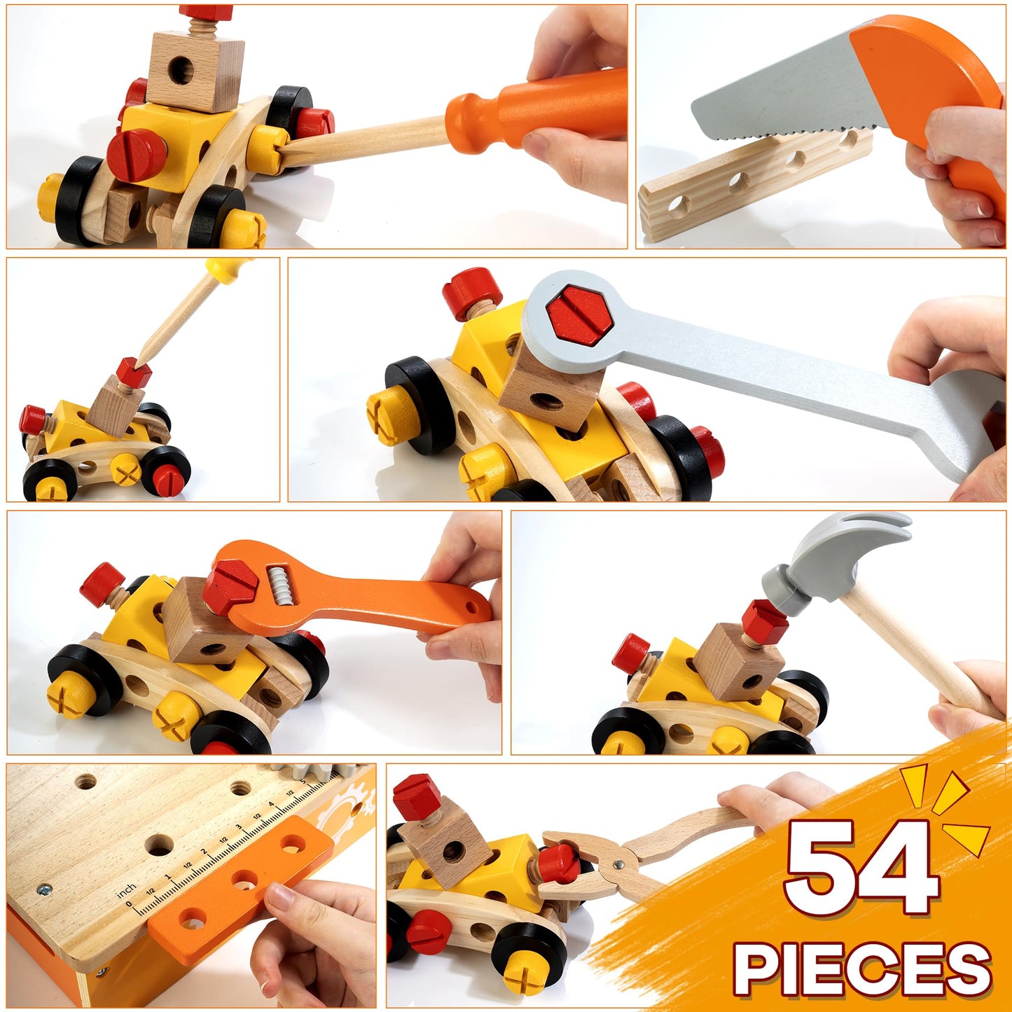 KIDWILL Wooden Tool Bench for Kids — 54-Piece 2-in-1 Workbench & Take-Along Tool Kit | STEM Educational Toys for Ages 3–8