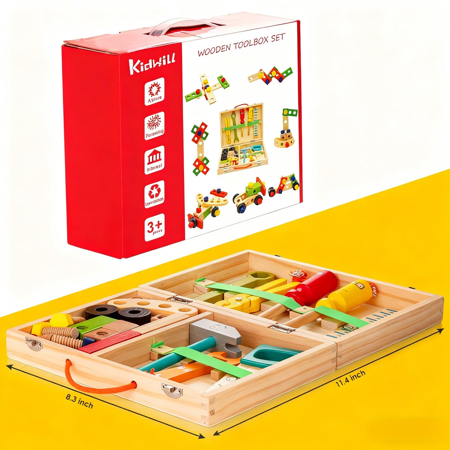 KIDWILL 36-Piece Wooden Toddler Tools Set | Montessori STEM Toy Box for Ages 2-6