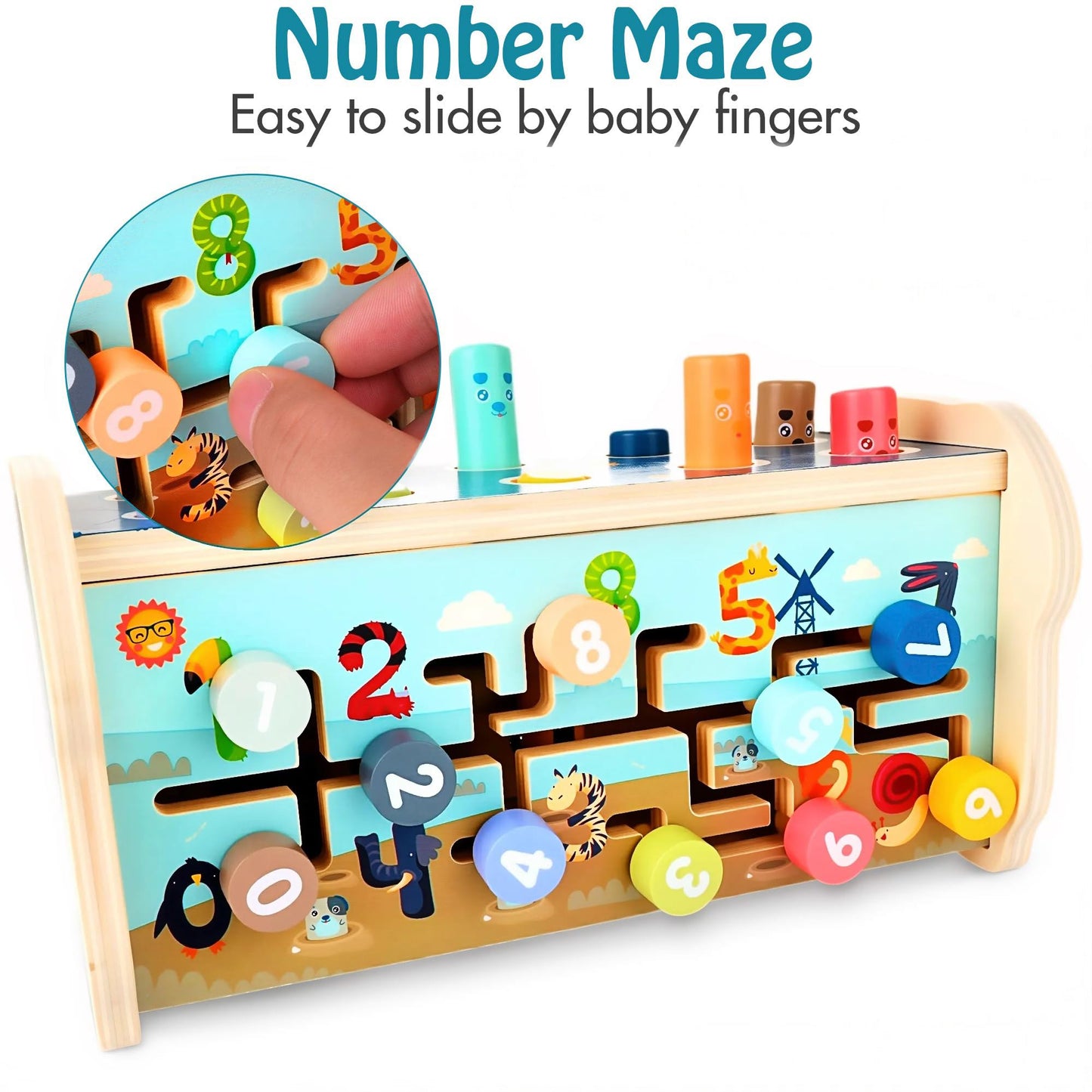 KIDWILL Montessori Pounding Toy for Toddlers 1-3 — 3-in-1 Wooden Learning Bench with Xylophone & Number Maze