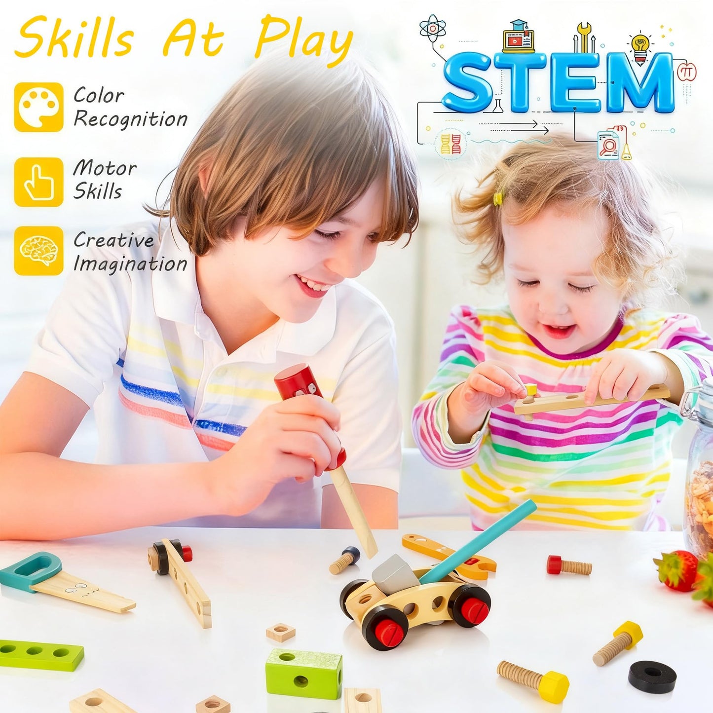 KIDWILL 36-Piece Wooden Toddler Tools Set | Montessori STEM Toy Box for Ages 2-6