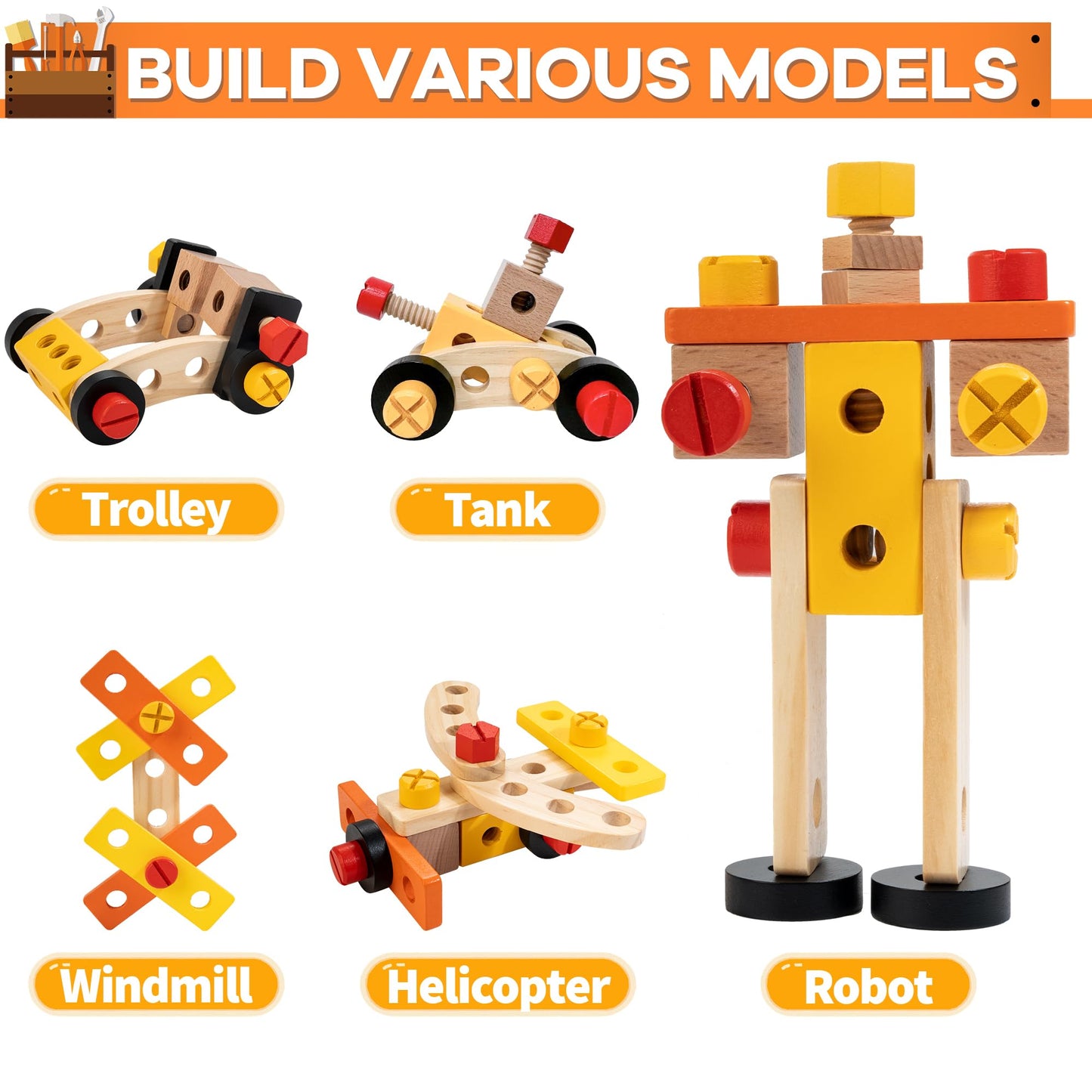 KIDWILL Wooden Tool Bench for Kids — 54-Piece 2-in-1 Workbench & Take-Along Tool Kit | STEM Educational Toys for Ages 3–8