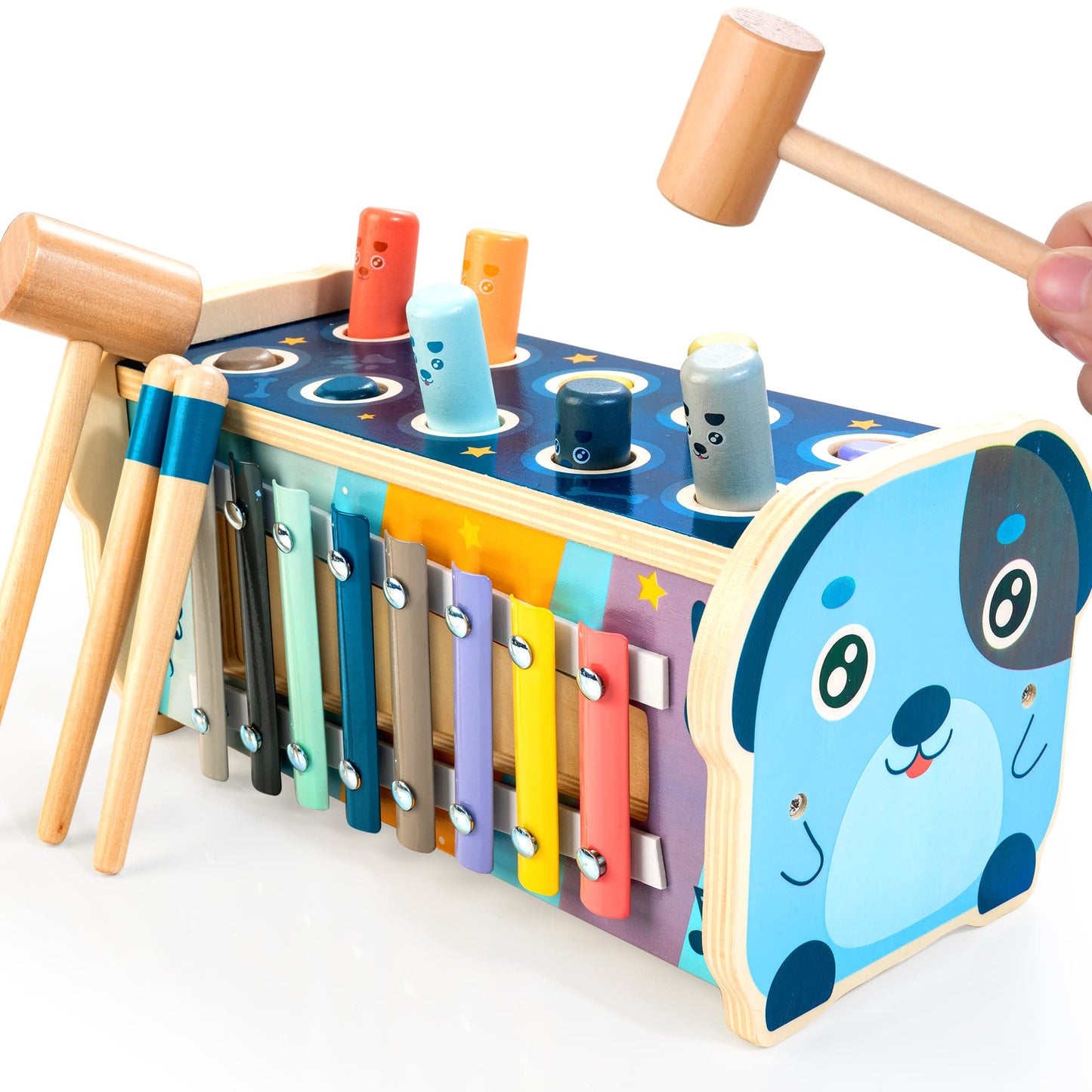 KIDWILL Montessori Pounding Toy for Toddlers 1-3 — 3-in-1 Wooden Learning Bench with Xylophone & Number Maze