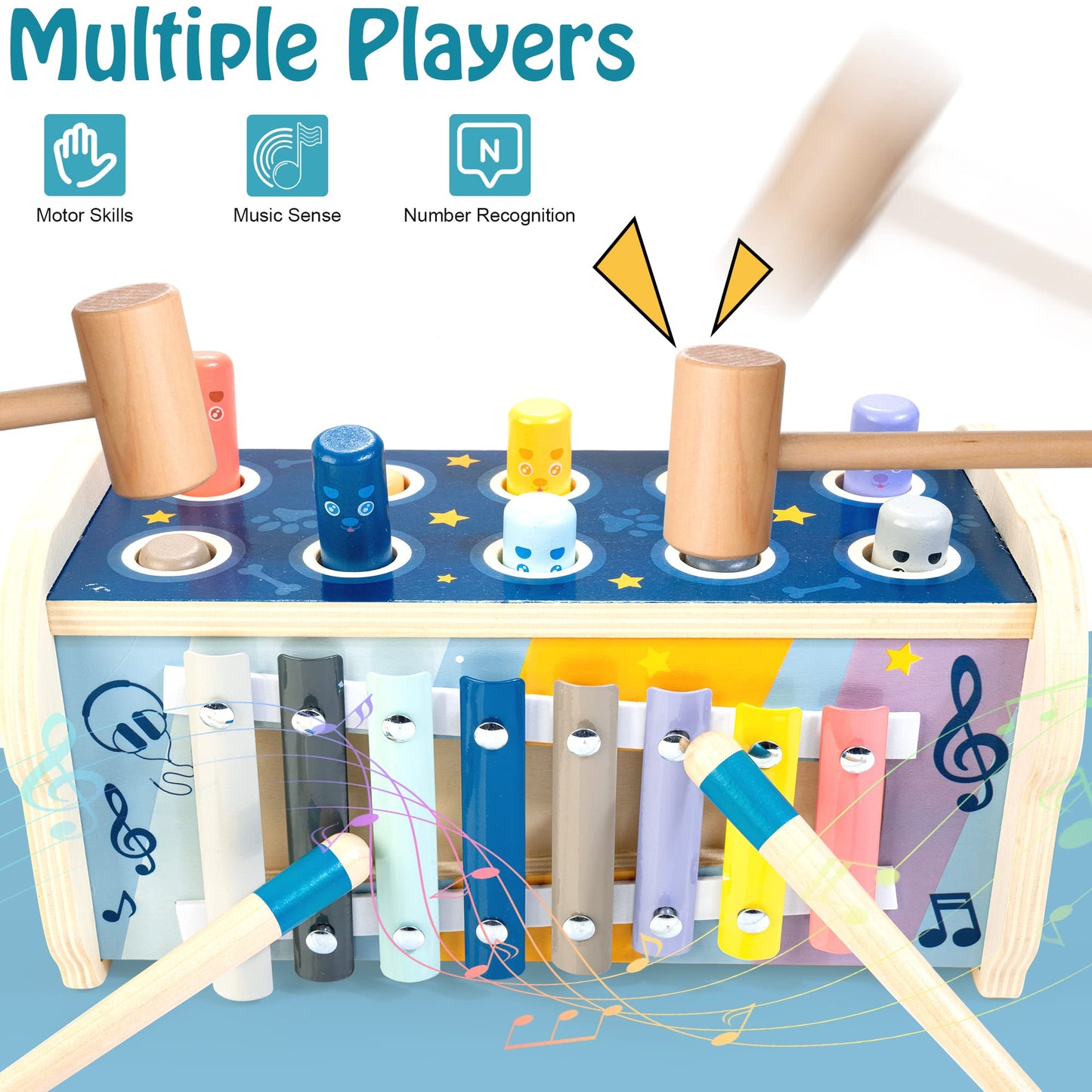 KIDWILL Montessori Pounding Toy for Toddlers 1-3 — 3-in-1 Wooden Learning Bench with Xylophone & Number Maze