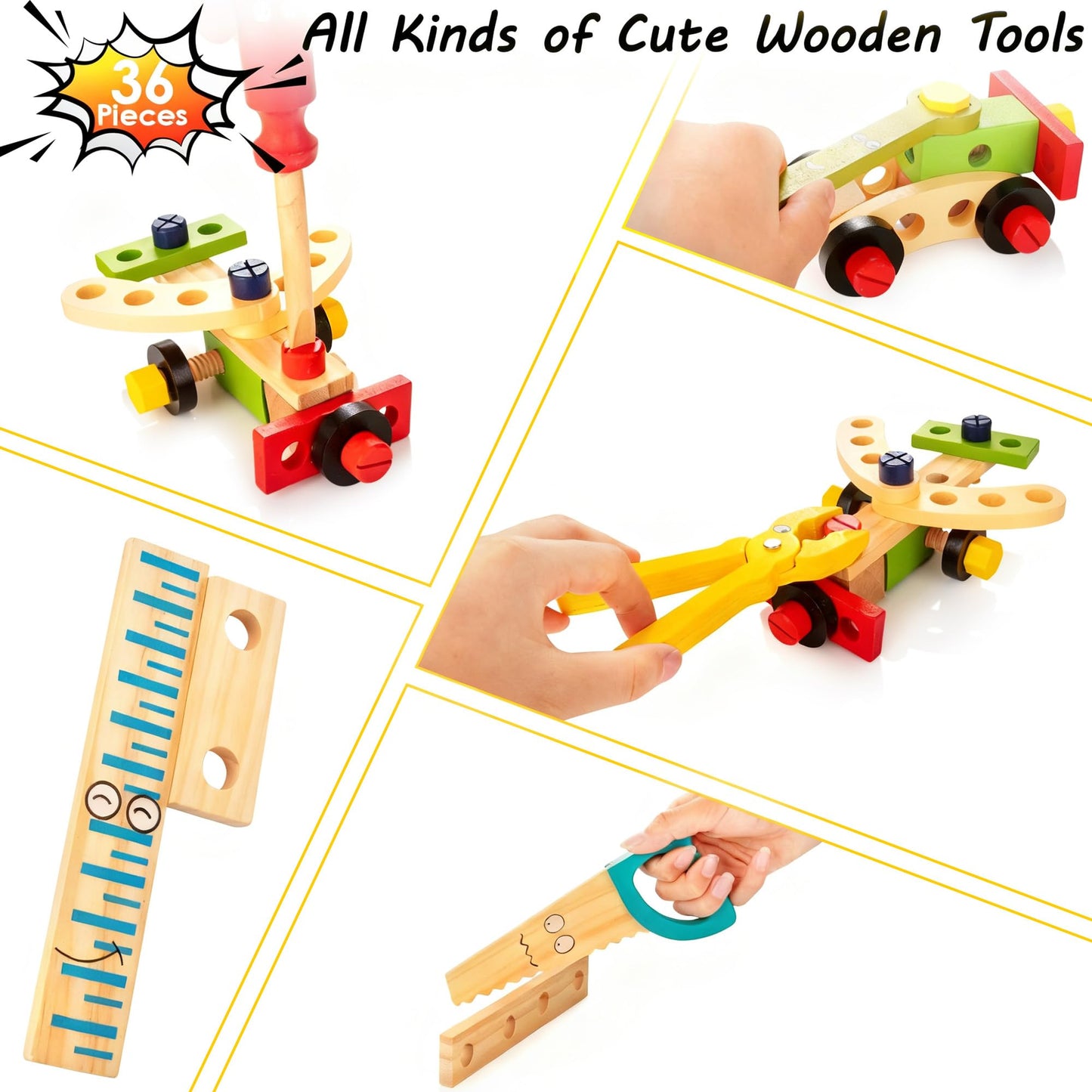 KIDWILL 36-Piece Wooden Toddler Tools Set | Montessori STEM Toy Box for Ages 2-6