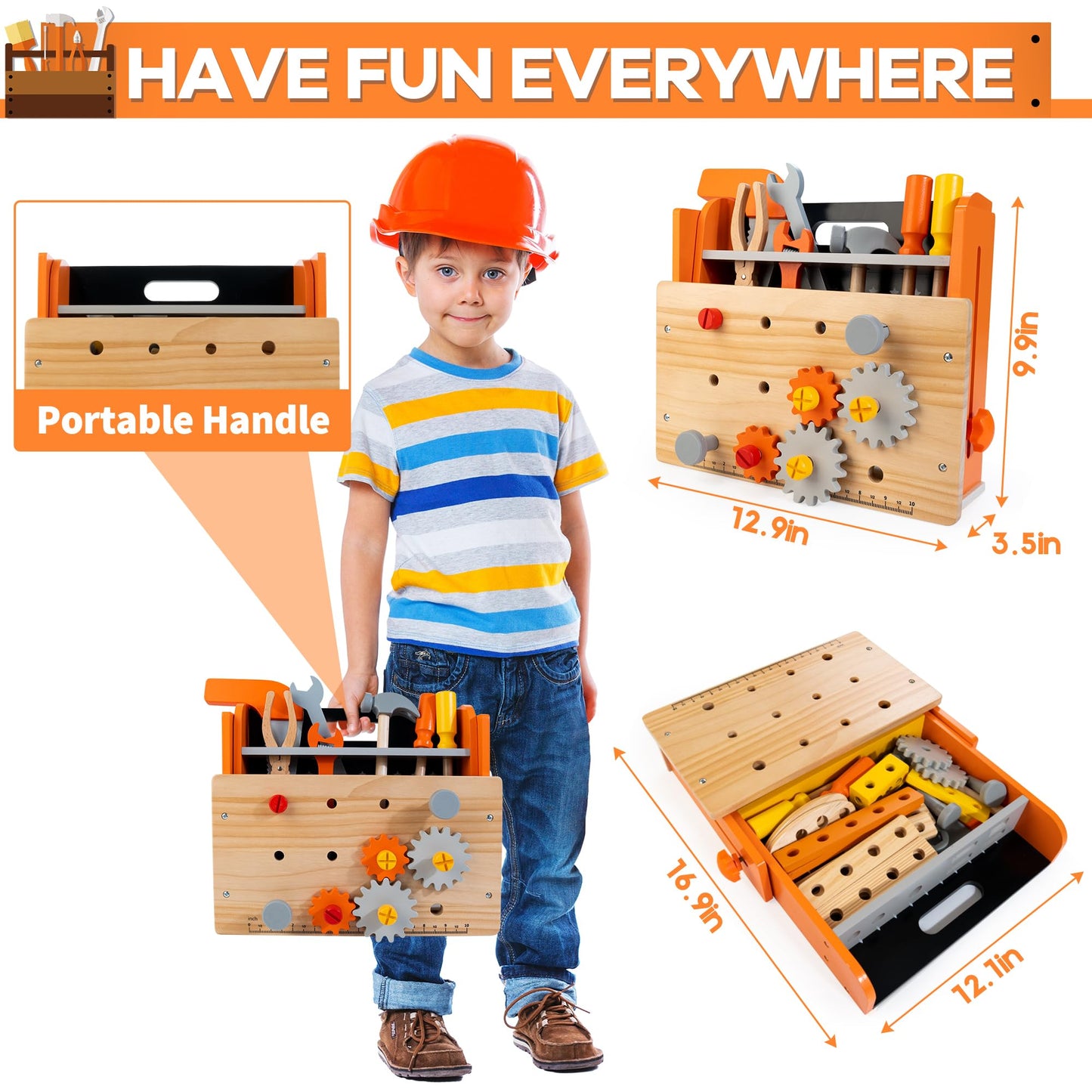 KIDWILL Wooden Tool Bench for Kids — 54-Piece 2-in-1 Workbench & Take-Along Tool Kit | STEM Educational Toys for Ages 3–8