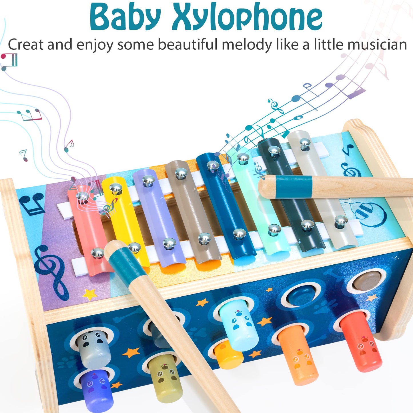 KIDWILL Montessori Pounding Toy for Toddlers 1-3 — 3-in-1 Wooden Learning Bench with Xylophone & Number Maze