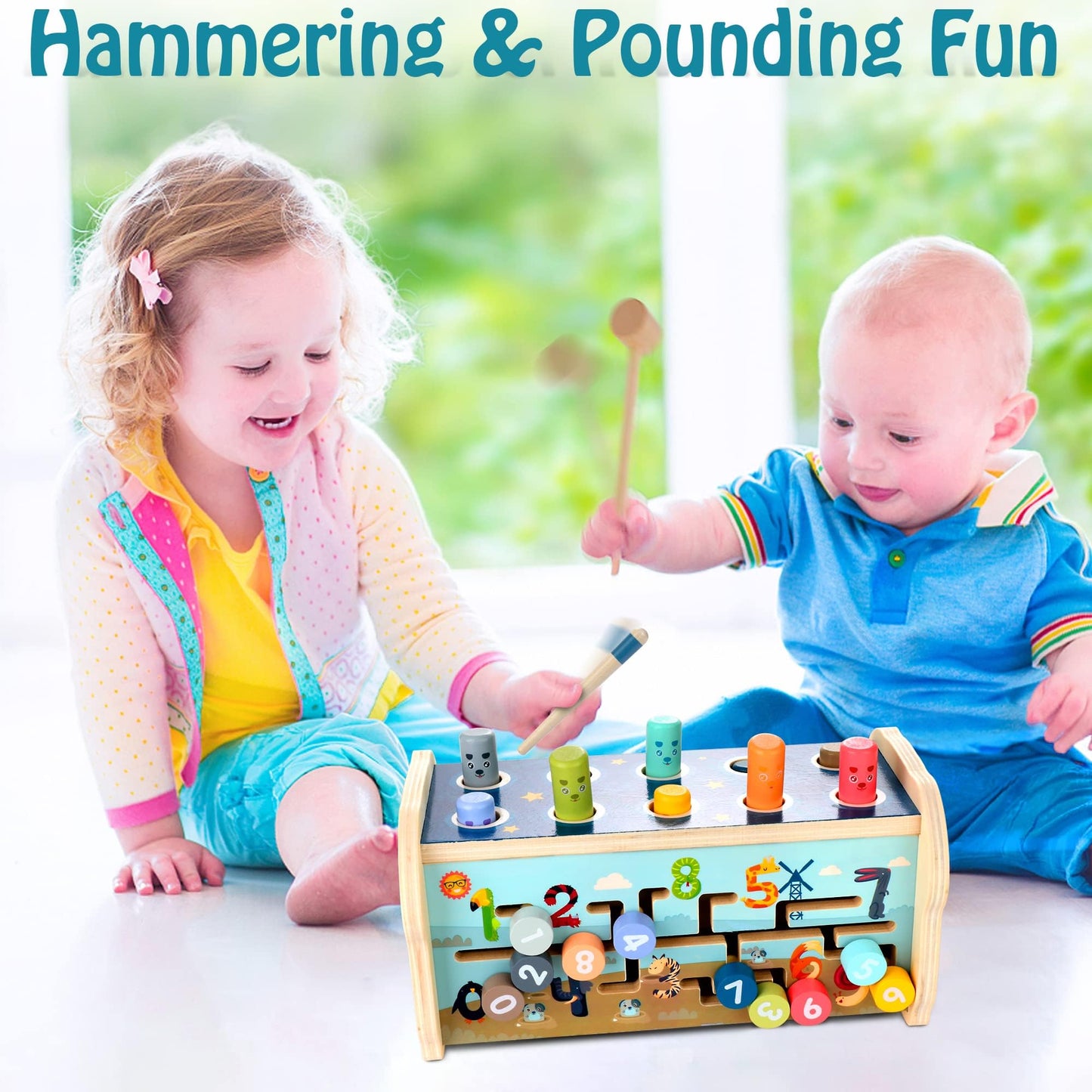 KIDWILL Montessori Pounding Toy for Toddlers 1-3 — 3-in-1 Wooden Learning Bench with Xylophone & Number Maze