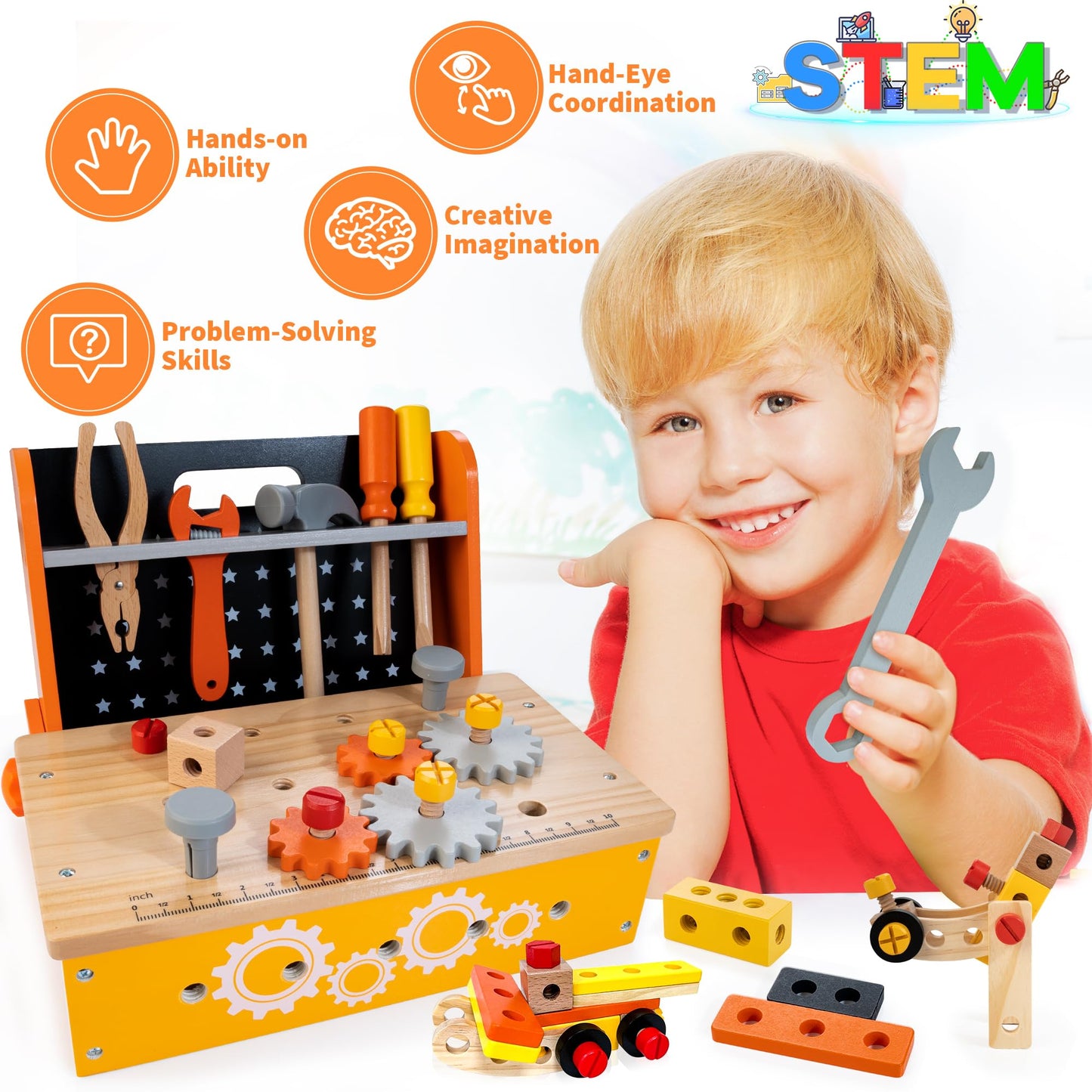 KIDWILL Wooden Tool Bench for Kids — 54-Piece 2-in-1 Workbench & Take-Along Tool Kit | STEM Educational Toys for Ages 3–8