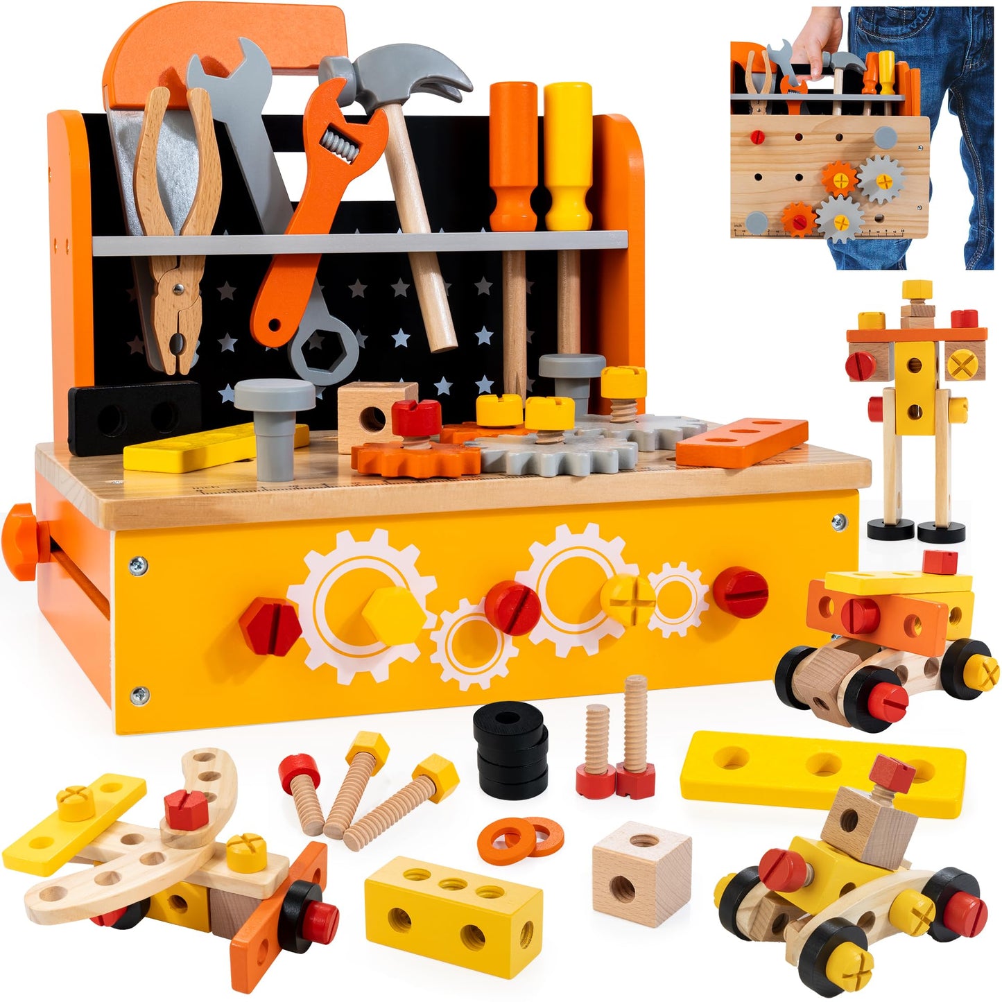 KIDWILL Wooden Tool Bench for Kids — 54-Piece 2-in-1 Workbench & Take-Along Tool Kit | STEM Educational Toys for Ages 3–8
