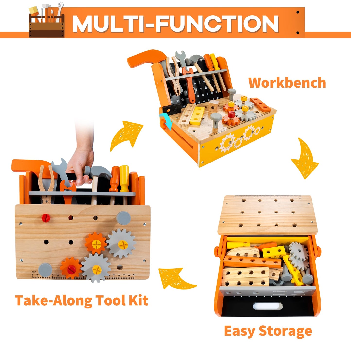 KIDWILL Wooden Tool Bench for Kids — 54-Piece 2-in-1 Workbench & Take-Along Tool Kit | STEM Educational Toys for Ages 3–8