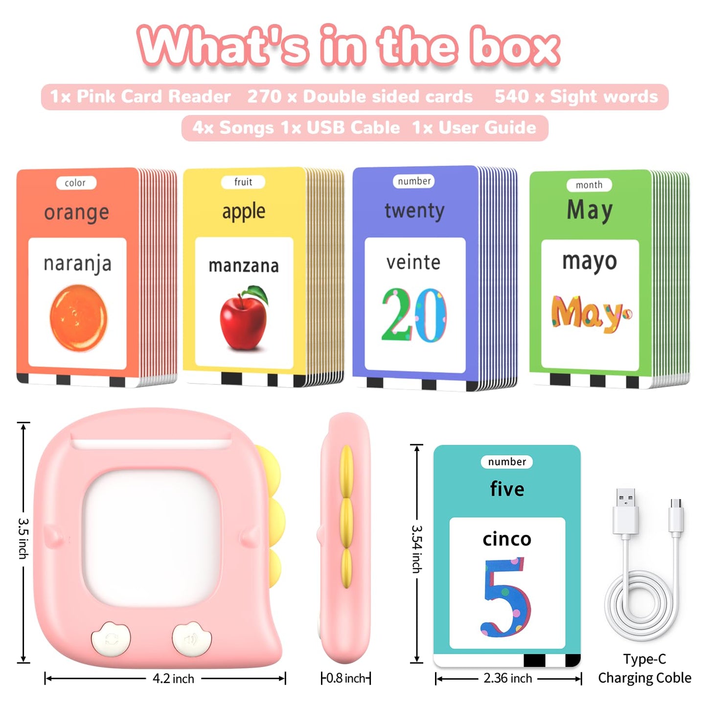 Kidz do 520 Bilingual Spanish-English Talking Flash Cards – Portable Language Toy for 2–6 Year Old Girls (Pink)
