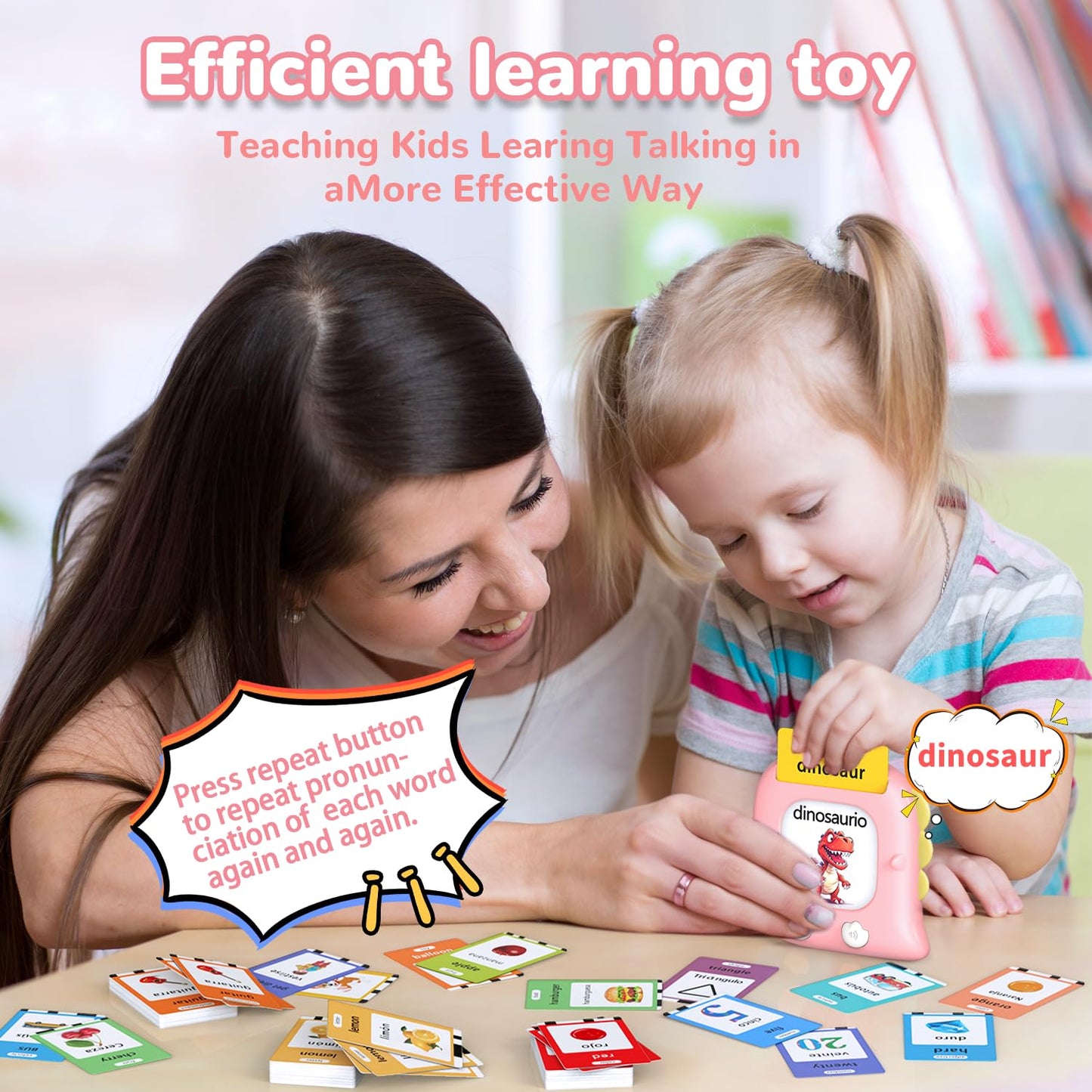 Kidz do 520 Bilingual Spanish-English Talking Flash Cards – Portable Language Toy for 2–6 Year Old Girls (Pink)